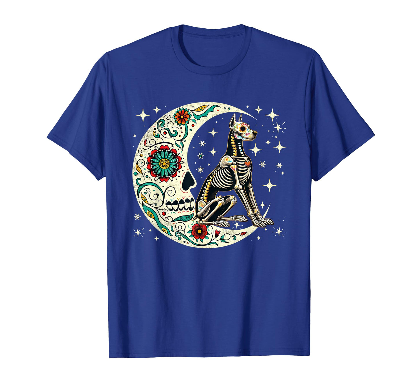 Dia De Los Muertos Halloween Moon Floral Skeleton Dobermann T-Shirt