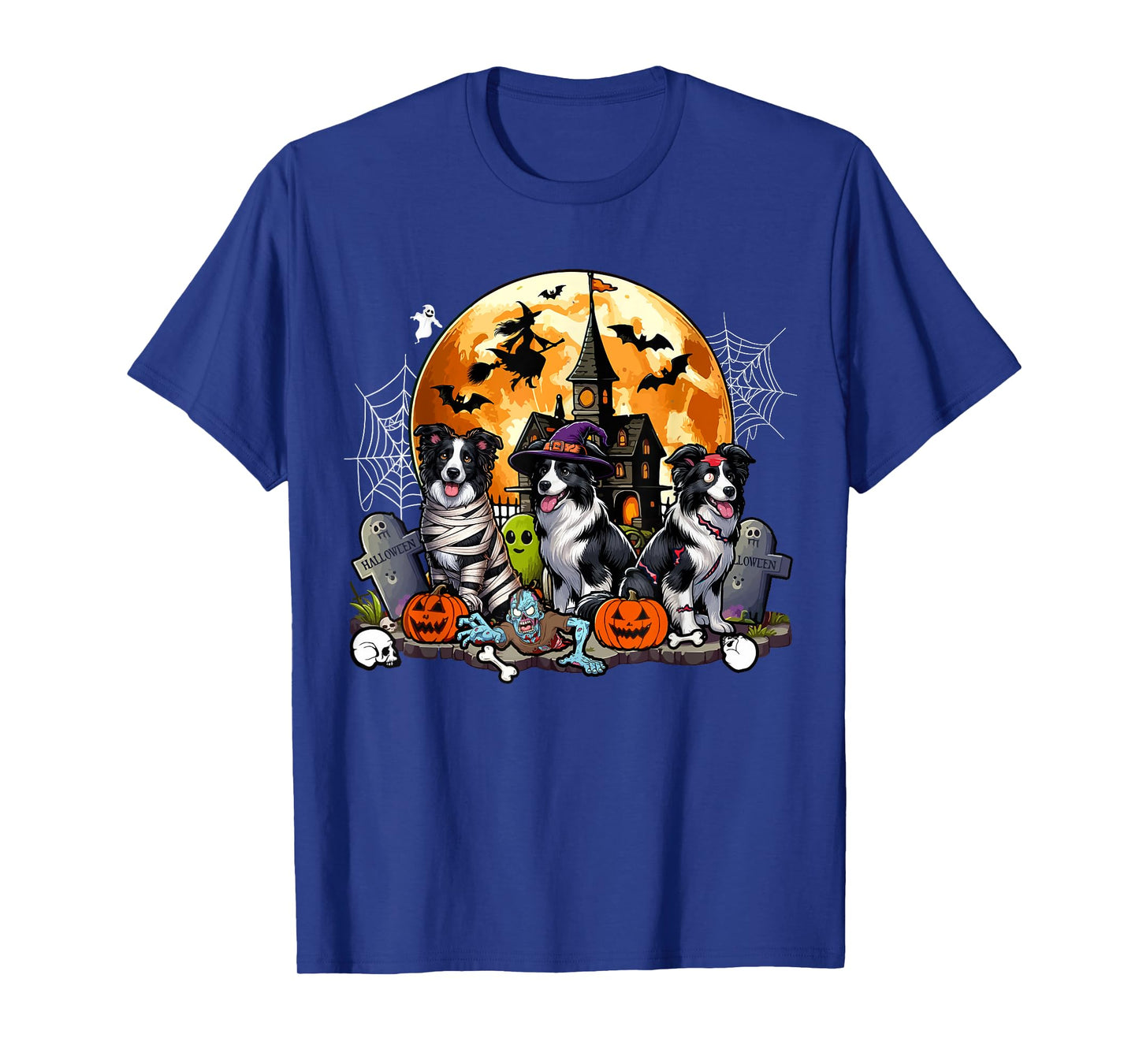 Three Halloween Border Collies As Horror Witch Mummy Zombie T-Shirt