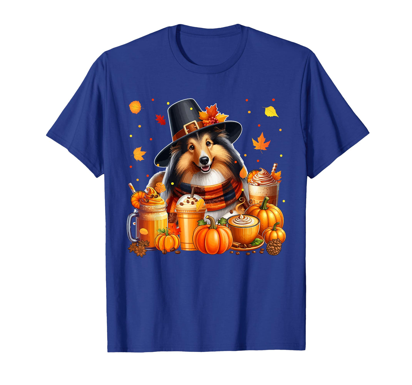 Sheltie Thanksgiving Drinks Coffee Fall Leaves Pumpkins T-Shirt