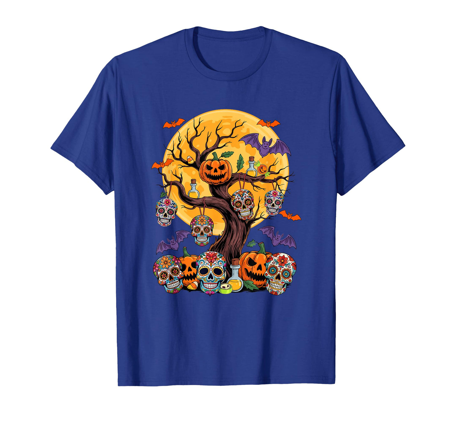 Group Floral Skulls Carved Pumpkin On Tree Halloween Bats T-Shirt