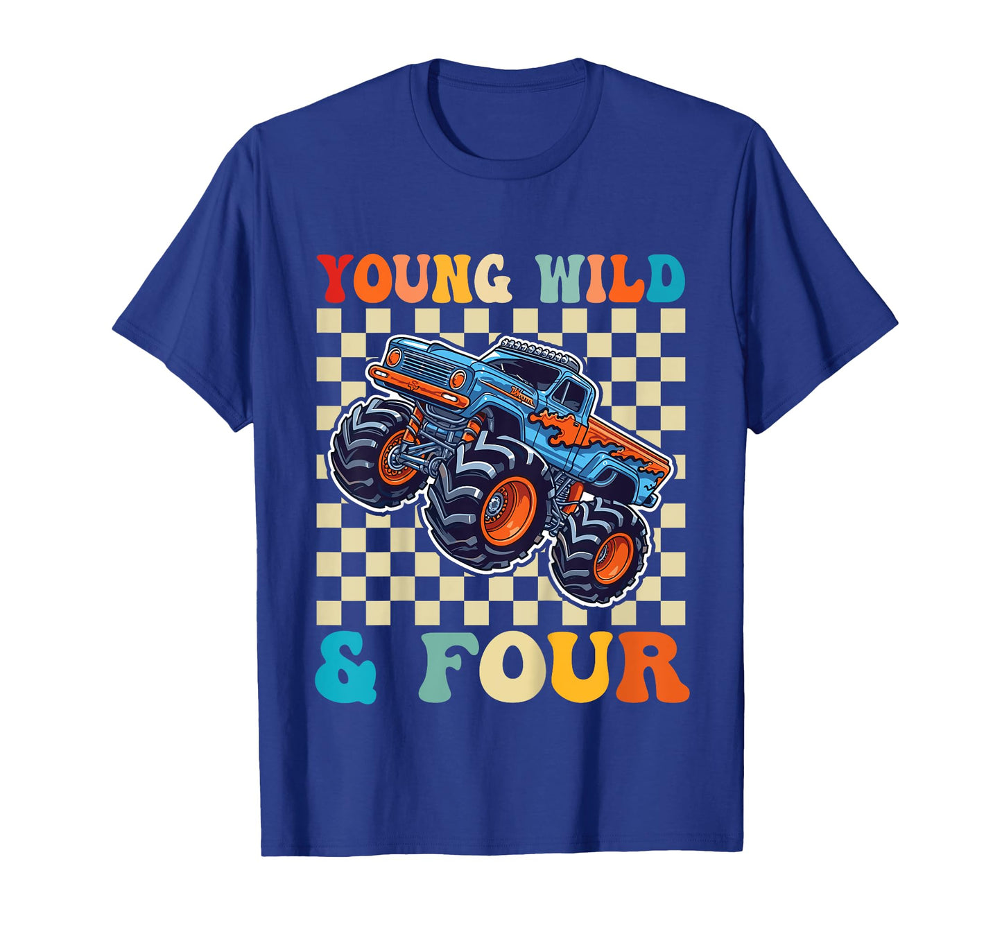 Kids 4th Birthday Monster Truck Young Wild and Four 4 Year T-Shirt