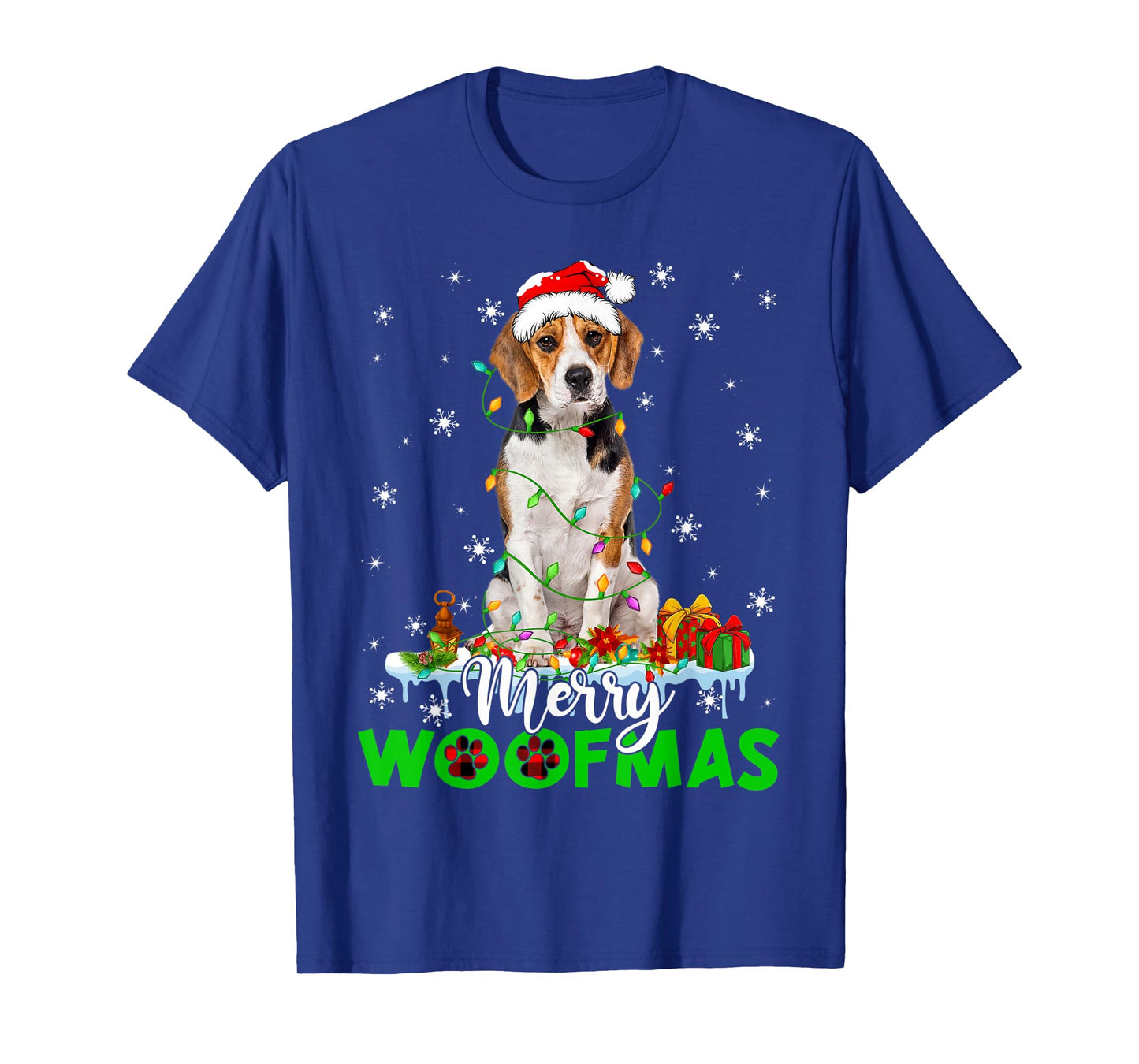 Beagle Dog Merry Woofmas Funny Xmas Lights Santa Hat T-Shirt