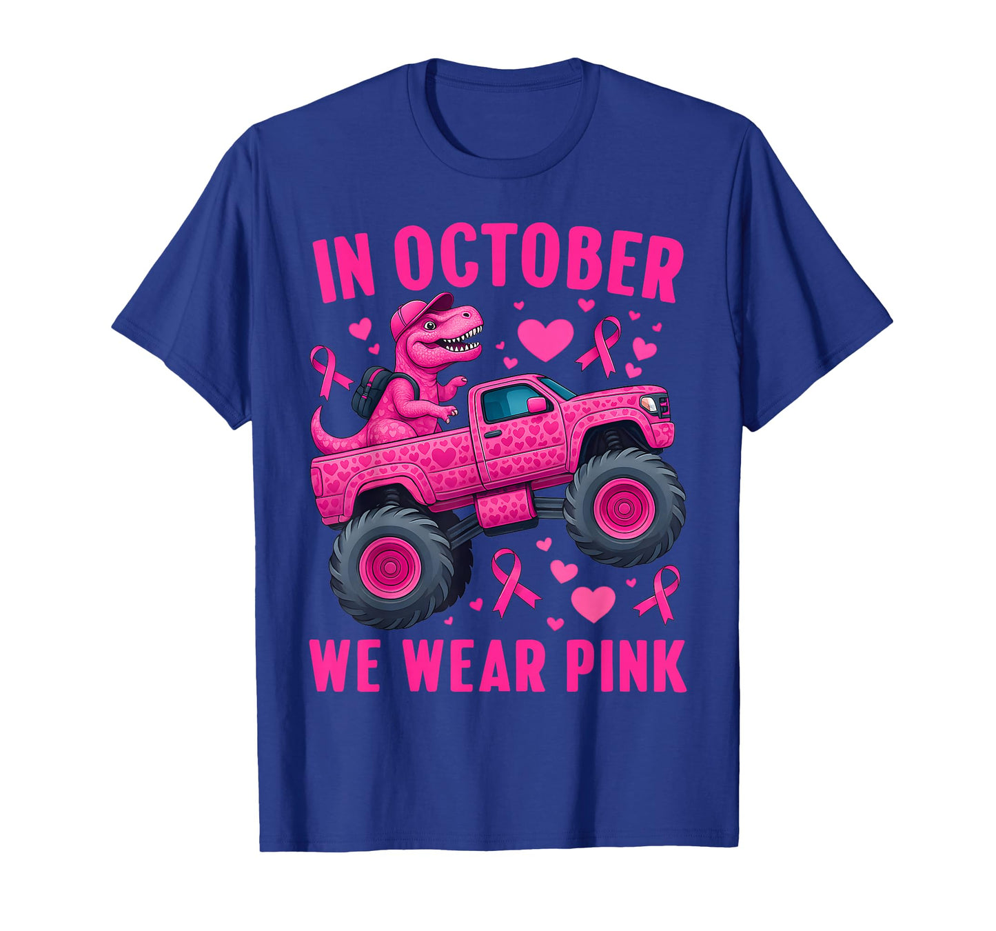 in October We Wear Pink T-rex Monster Truck Kids Boys Girls T-Shirt
