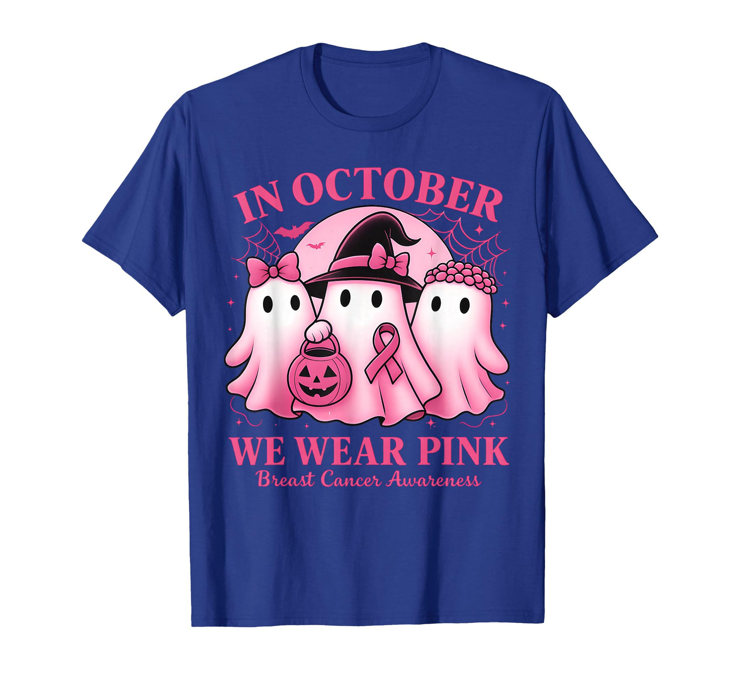 in October We Wear Pink Ghost Halloween Women Breast Cancer T-Shirt
