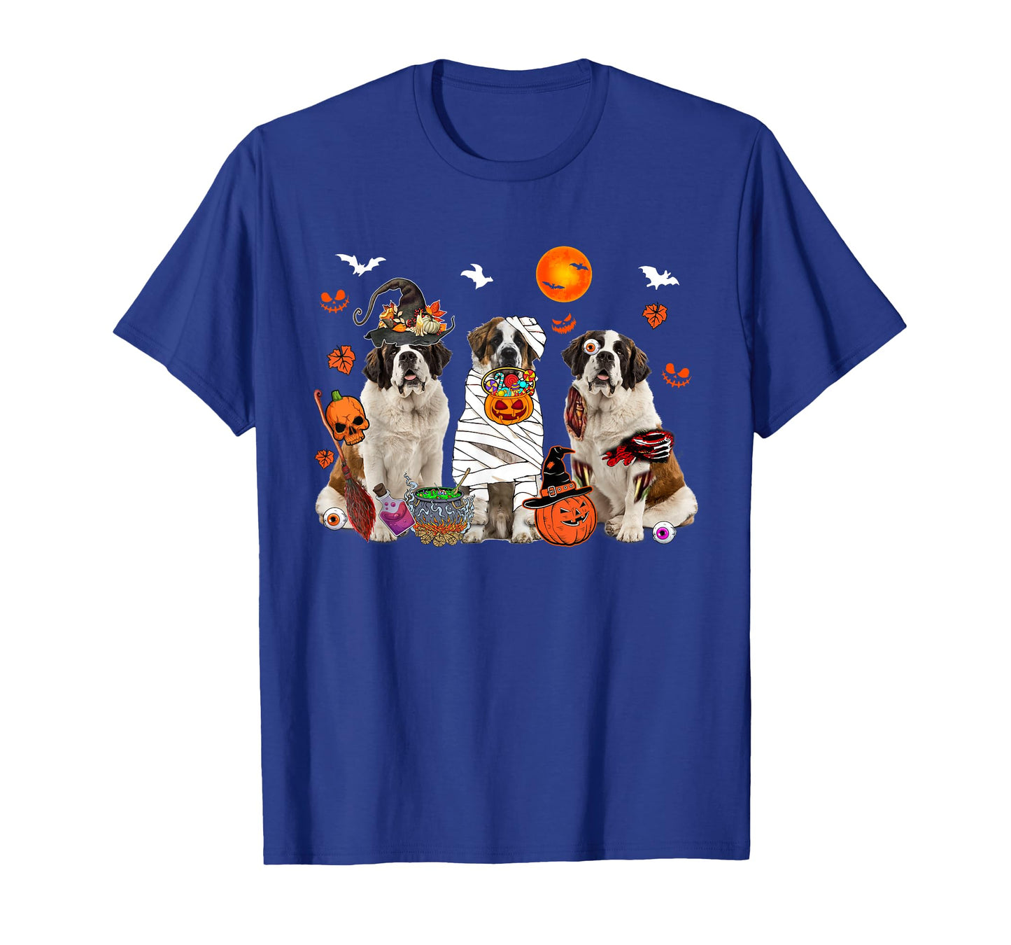 Three St. Bernard Dogs Witch Scary Mummy Halloween Zombie T-Shirt