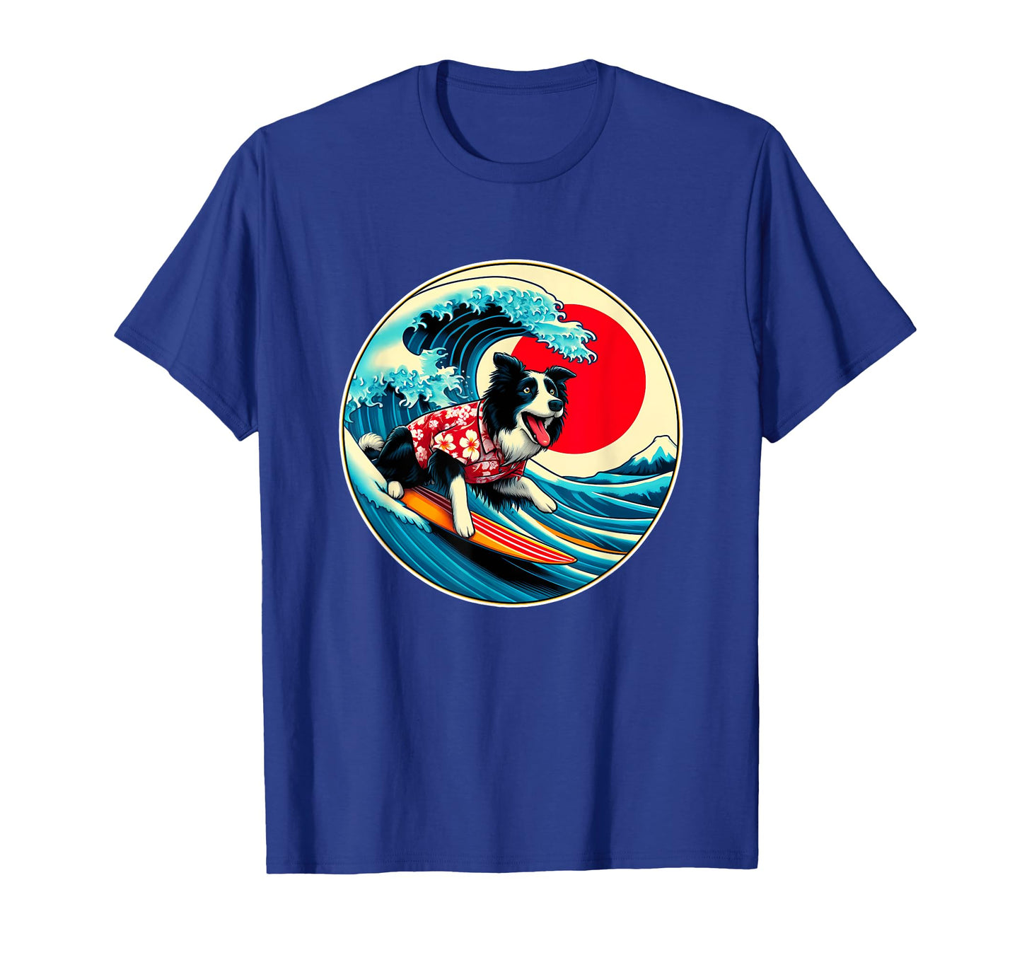 Great Wave Kanagawa Border Collie dog Surfing T-Shirt for Men Women Kids