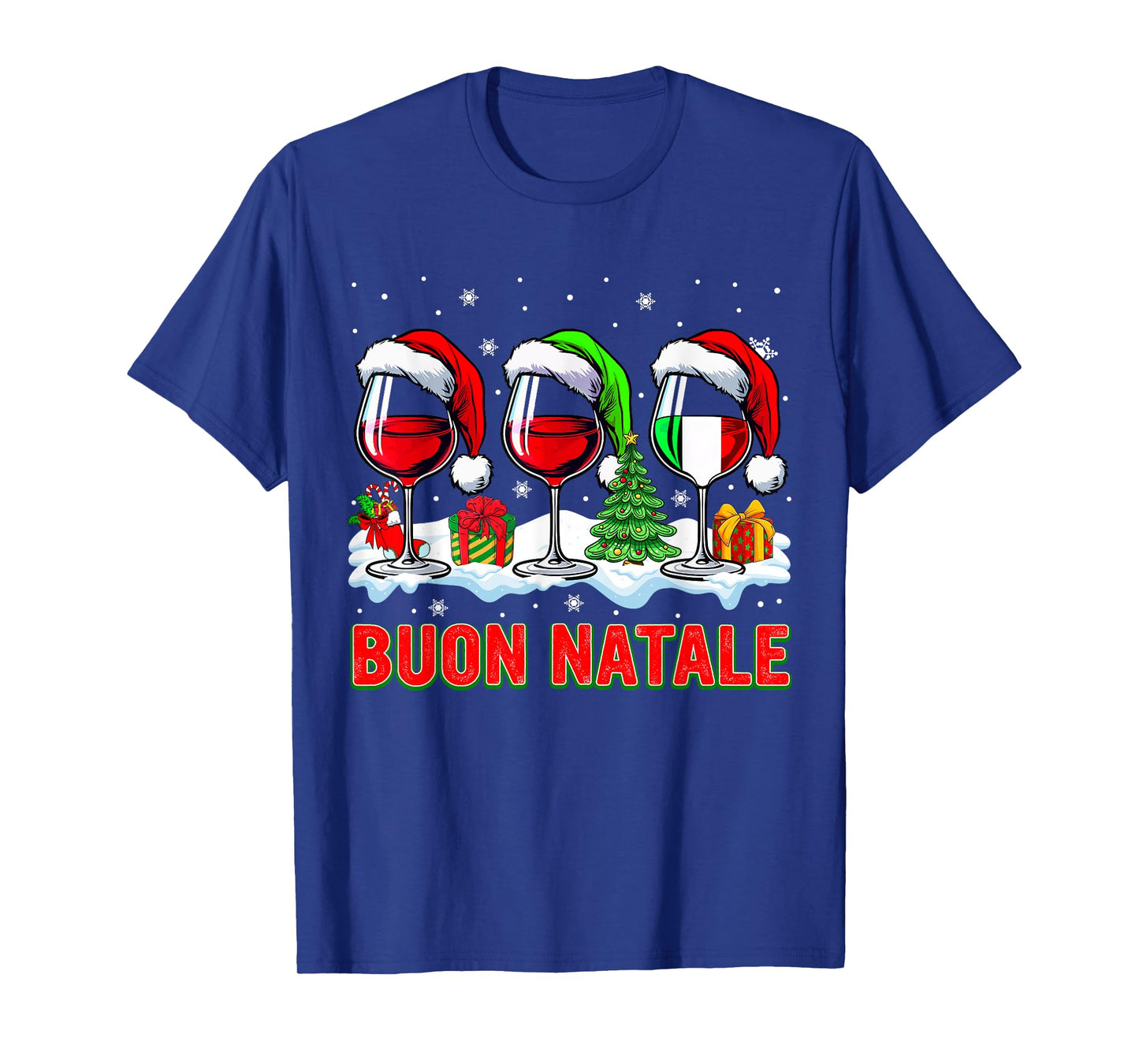 Buon Natale Merry Christmas Italian Three Santa Wine Glasses T-Shirt