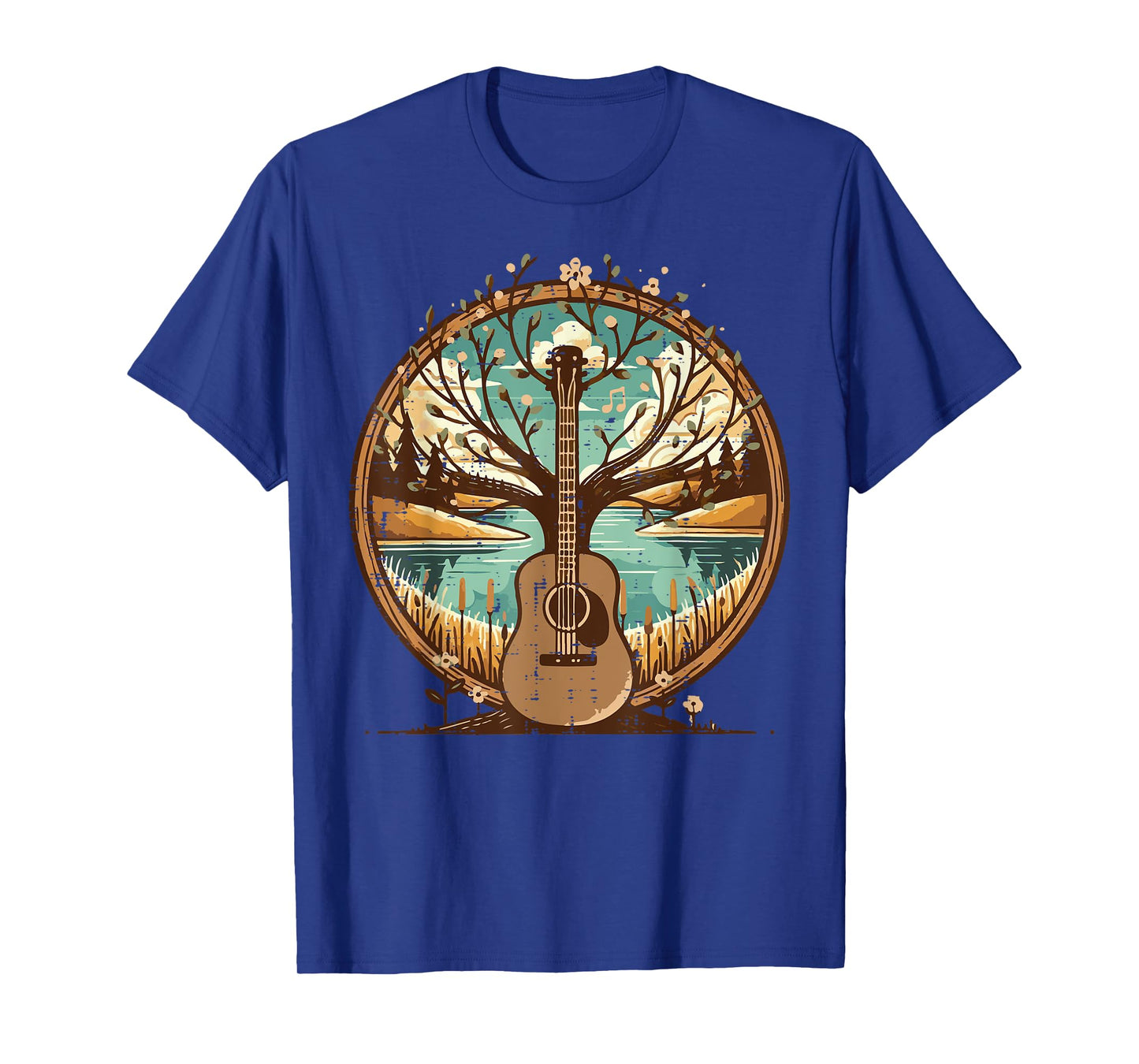 Acoustic Guitar Tree Lake Art Retro Guitarist Women Men Kids T-Shirt