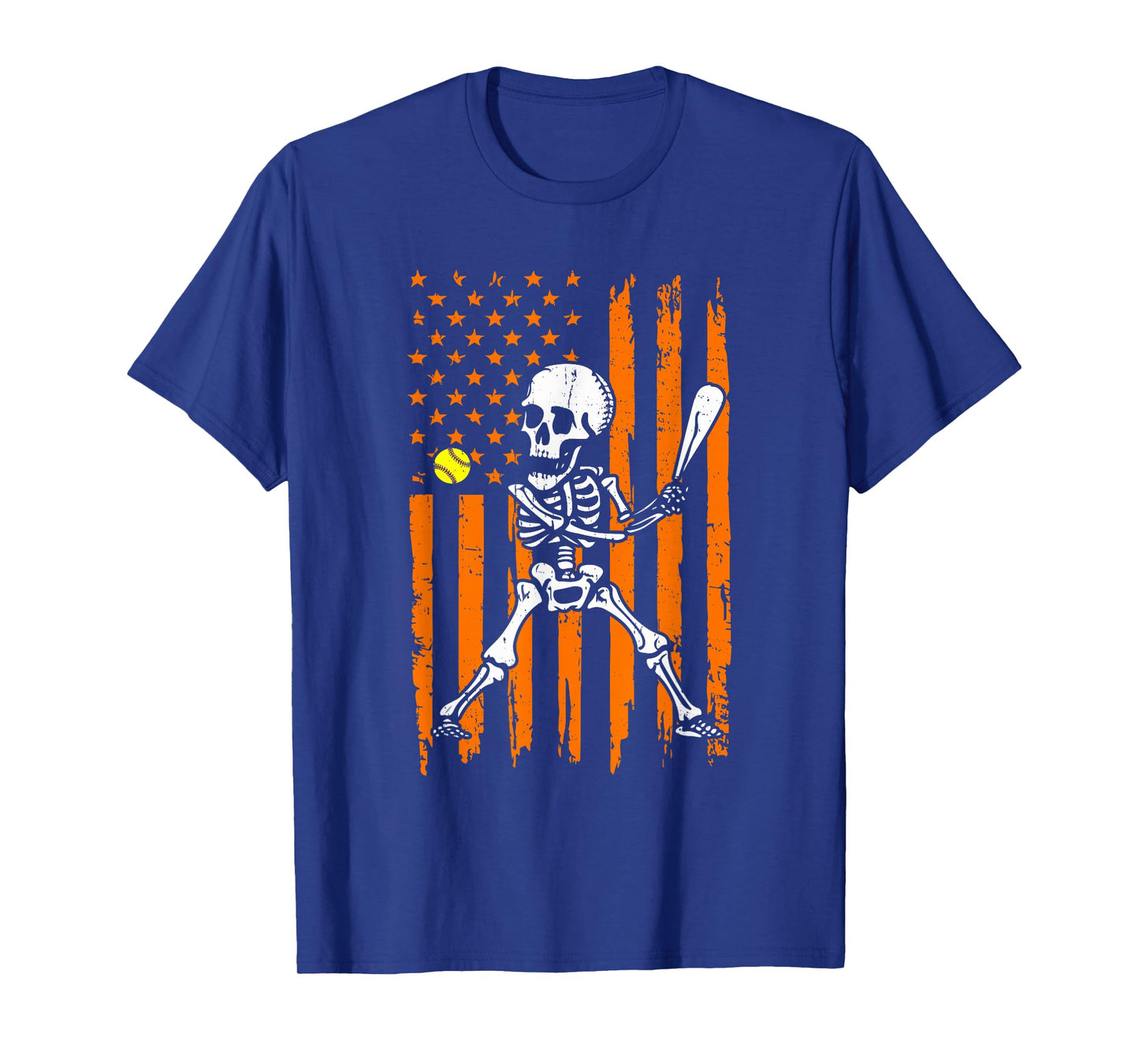 Retro Skeleton Playing Softball USA Flag Halloween Boys Kids T-Shirt