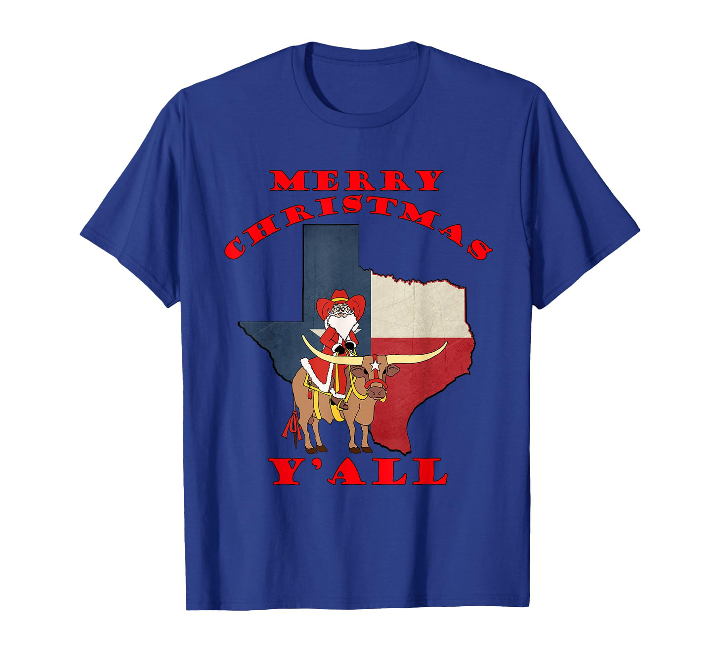 Texas Merry Christmas Y'all Santa On Bull Design T-Shirt