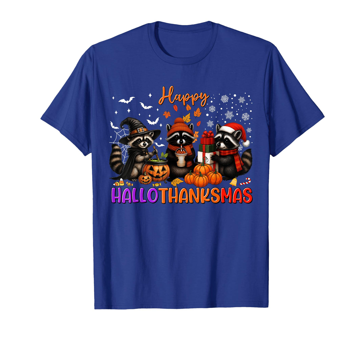 Happy HalloThanksMas Racoon Halloween Thanksgiving Christmas T-Shirt