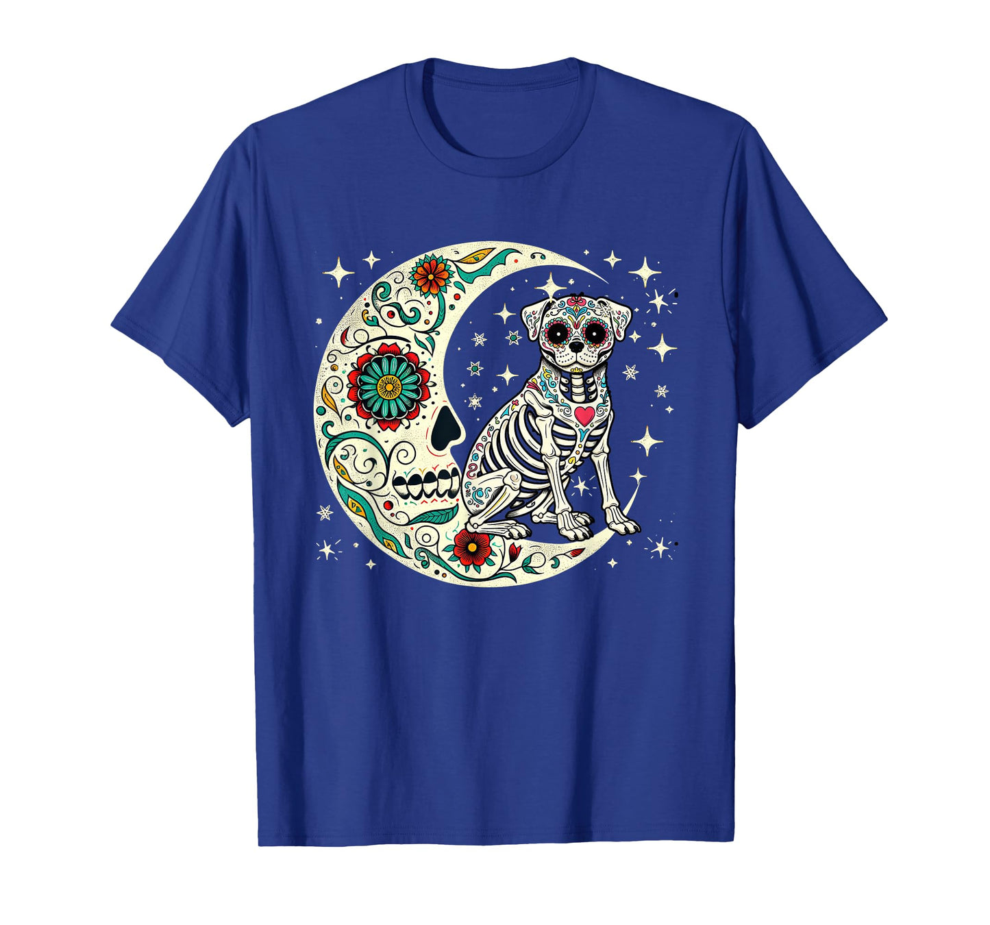 Dia De Los Muertos Halloween Moon Floral Skeleton Pug T-Shirt