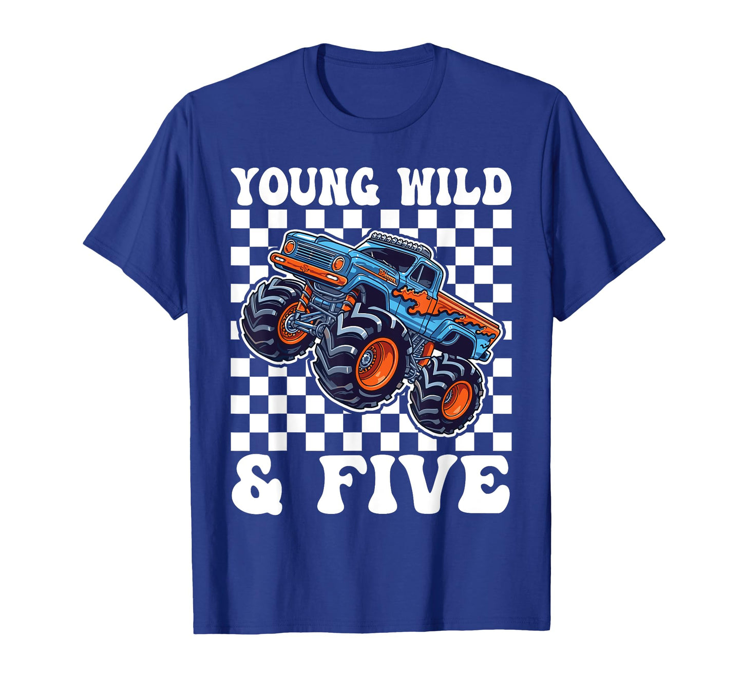 Kids 5th Birthday Monster Truck Young Wild and Five 5 Year T-Shirt