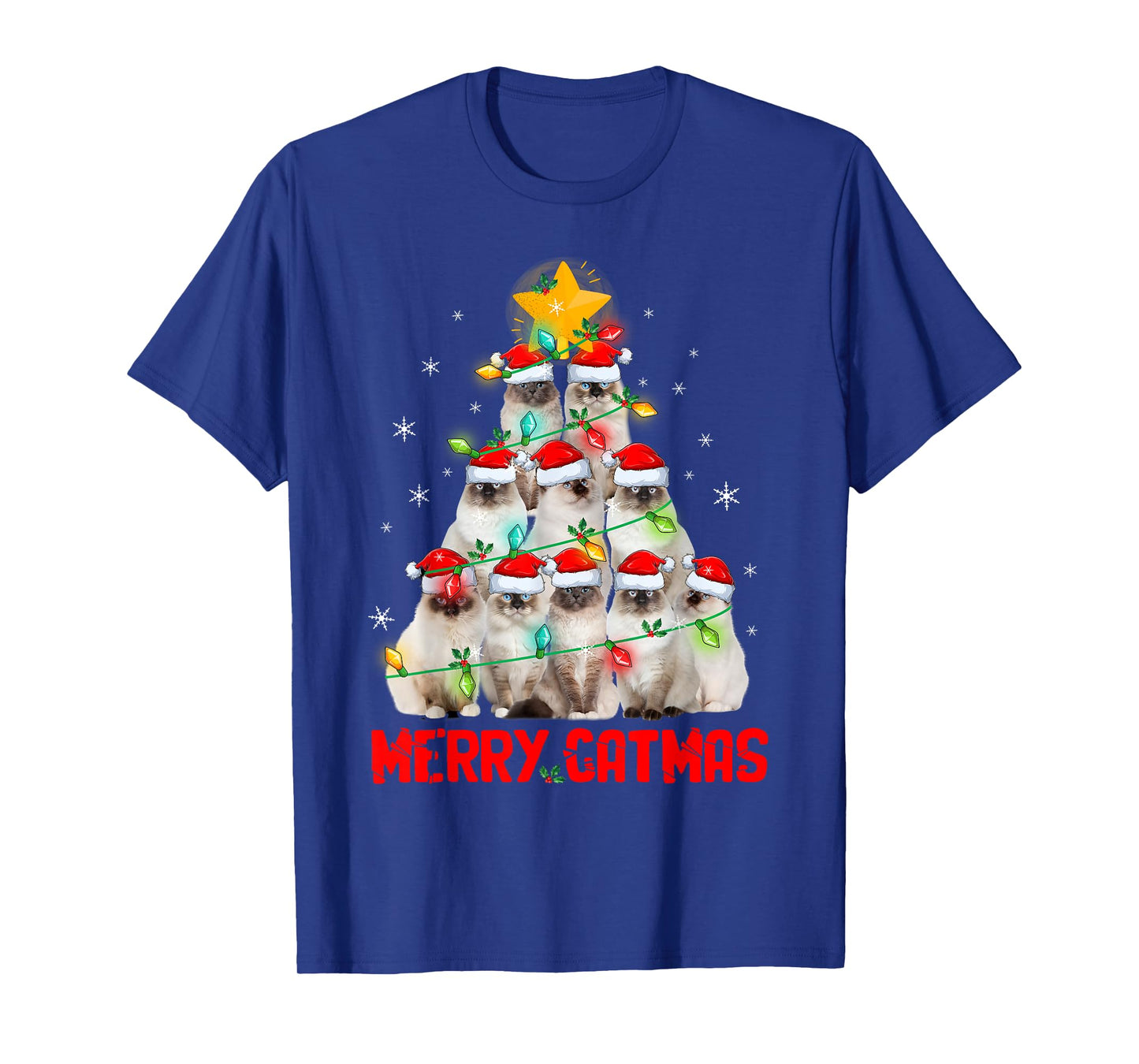 Merry Catmas Santa Birman Cats Christmas Tree Lights Xmas T-Shirt