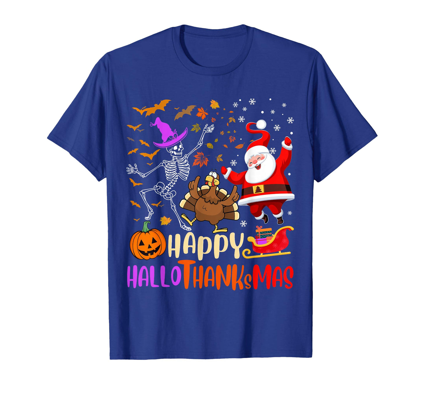 Happy Hallothanksmas Skeleton Pumpkin Turkey Santa Dancing T-Shirt