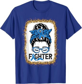 Fighter Messy bun Colon Cancer Awareness Leopard Bleached T-Shirt