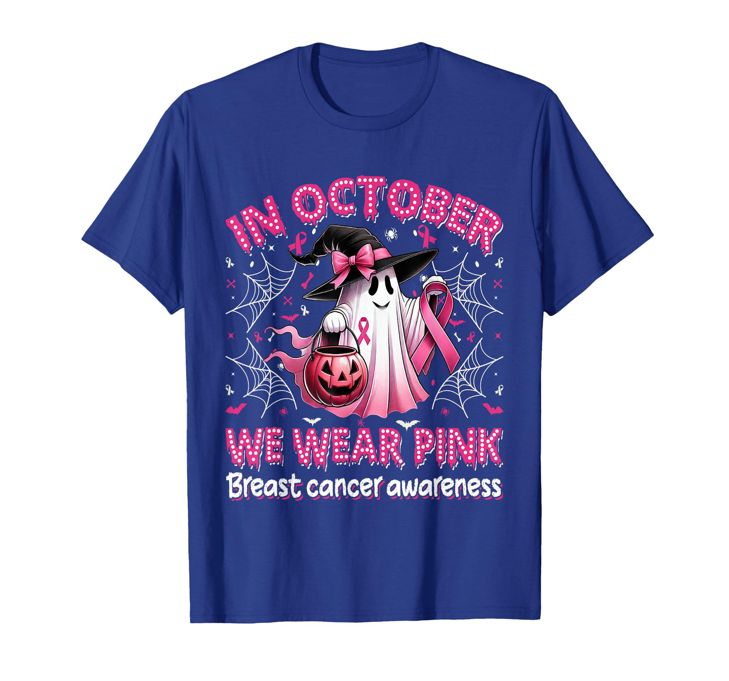 in October We Wear Pink Ghost Witch Breast Cancer Awareness T-Shirt