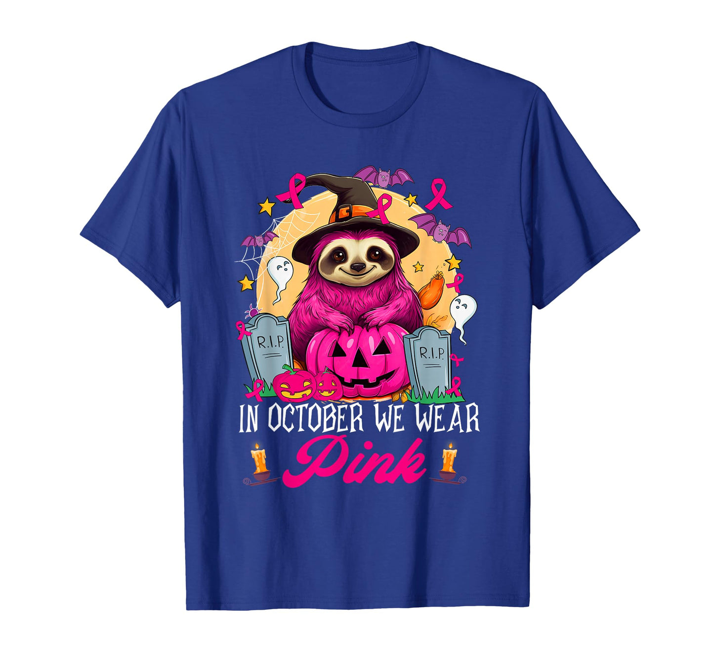 in October We Wear Pink Sloth Halloween Breast Cancer T-Shirt