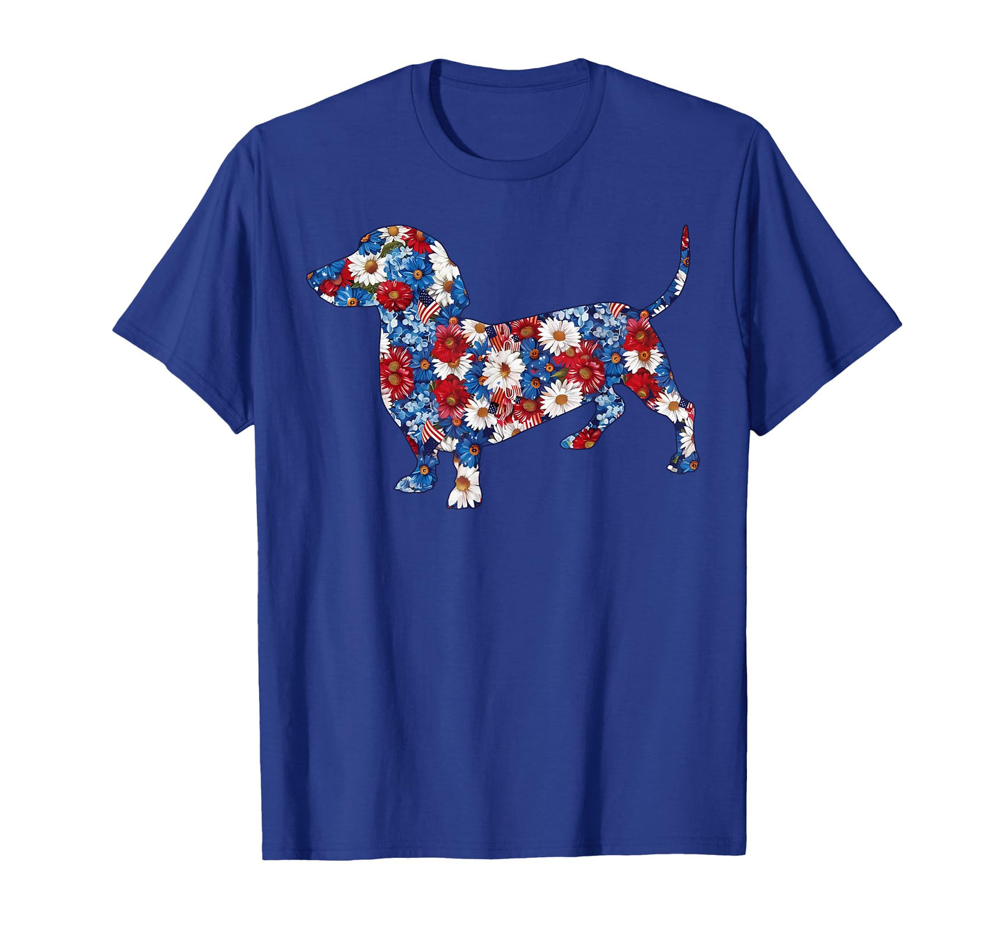 Cute Dachshund Flower Red White Blue US Flag 4th Of July T-Shirt
