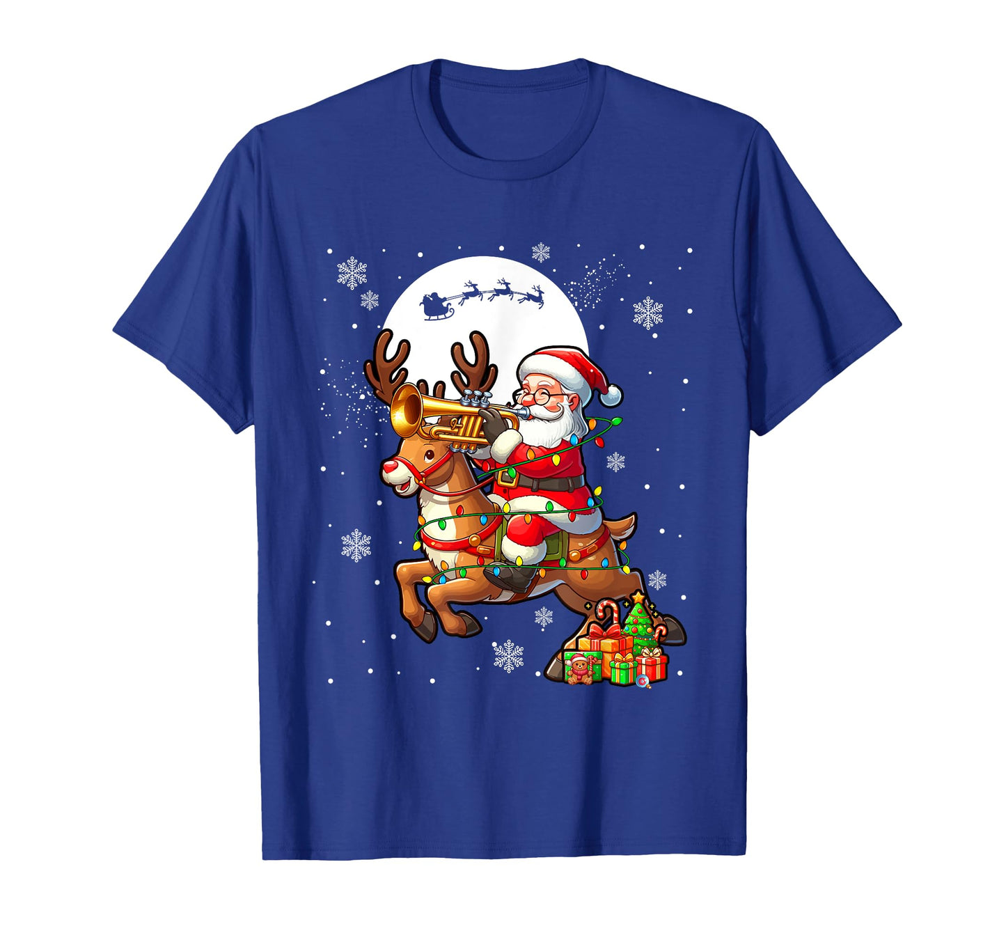 Santa Playing Trumpet On Reindeer Christmas Instrument T-Shirt
