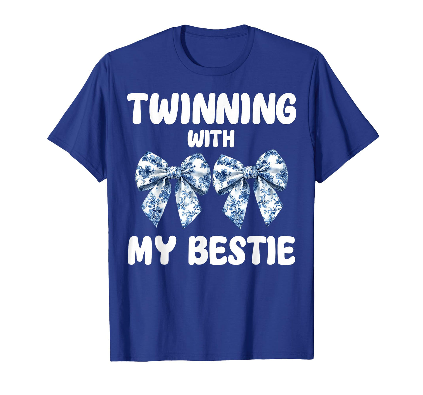Cute Twinning With My Bestie Blue Toile Bow Coquette Bow T-Shirt