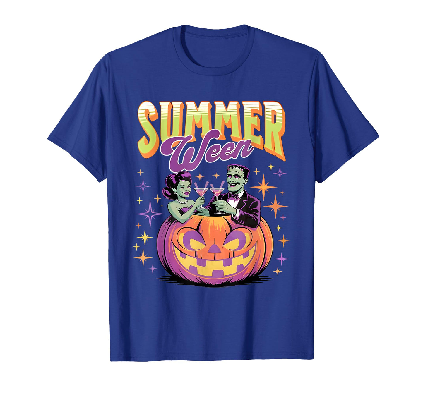 Retro Happy Summerween Funny Frankenstein Monster And Bride T-Shirt
