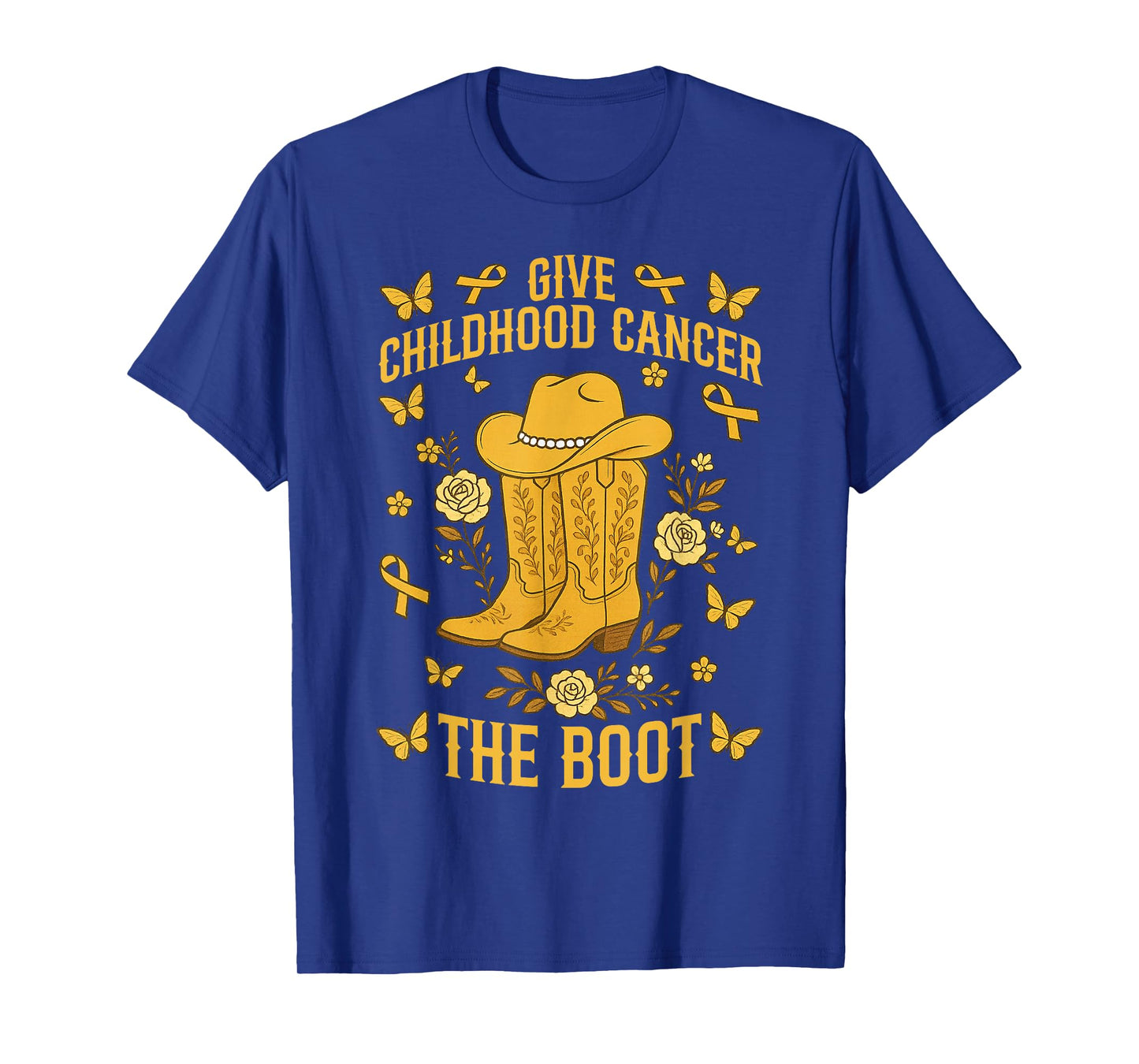 Vintage Give Childhood Cancer The Boot Cowgirl Gold Ribbon T-Shirt