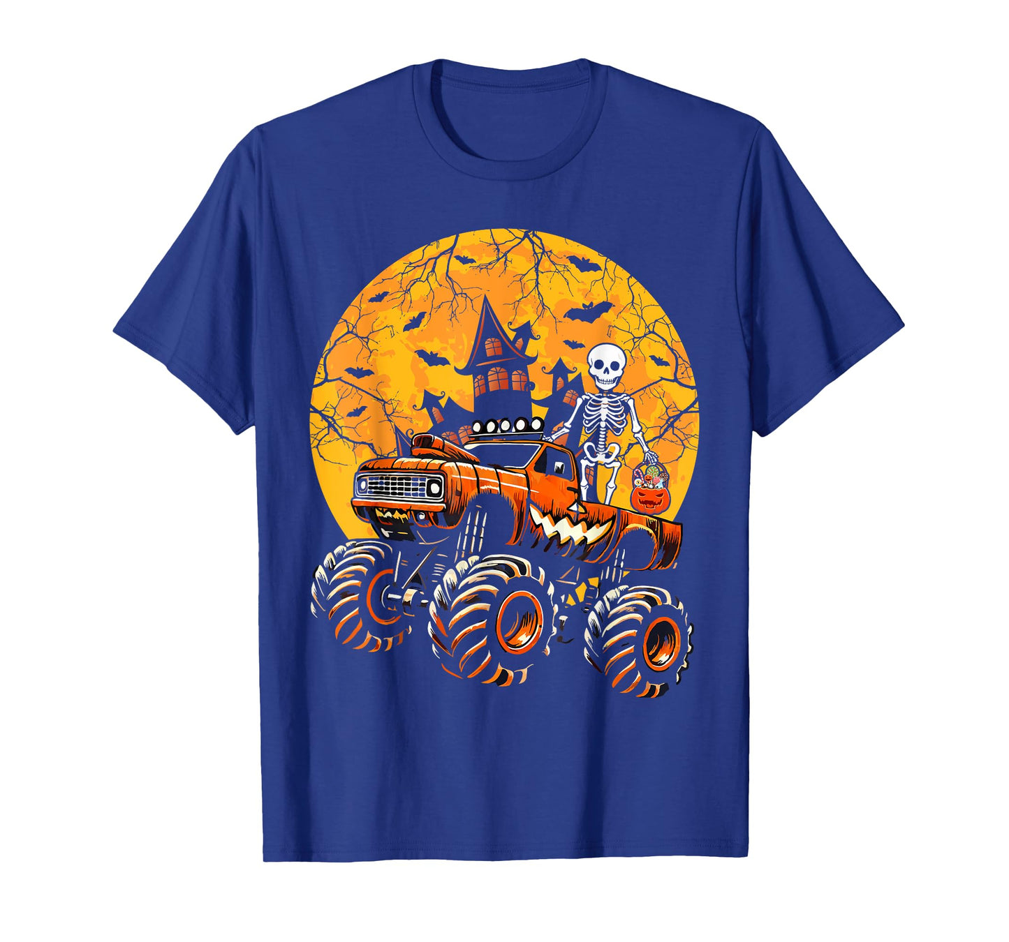Halloween Skeleton Riding Monster Truck Pumpkin Boys Kids T-Shirt