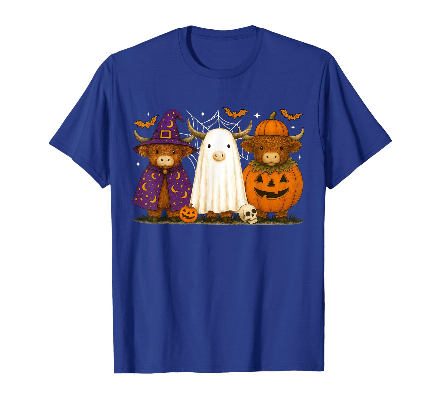 Retro Halloween Highland Cow Ghost Trick Or Treat Pumpkin T-Shirt