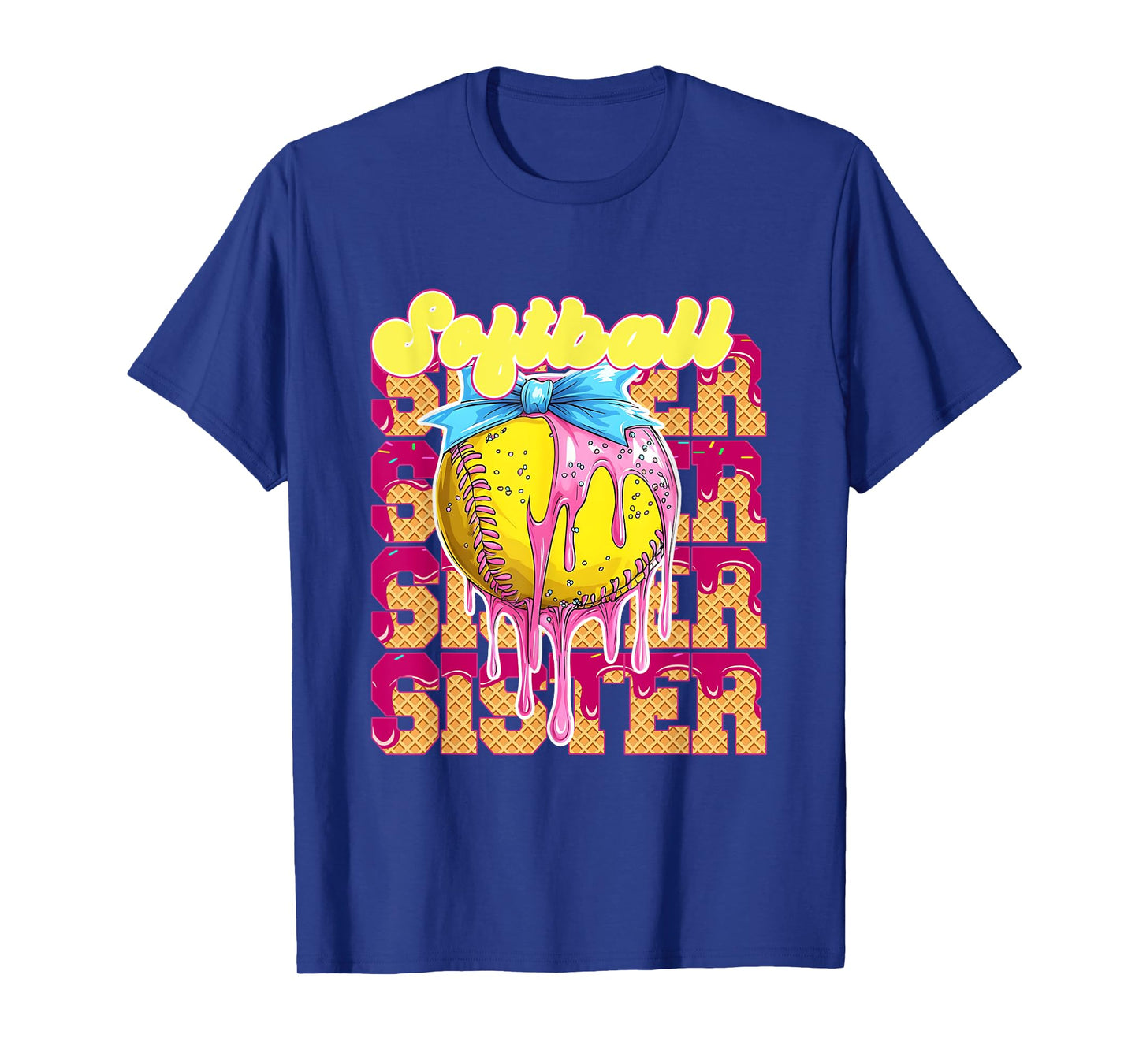 Softball Sister Ice Cream Drip Game Day Girl Bow Lil Sister T-Shirt