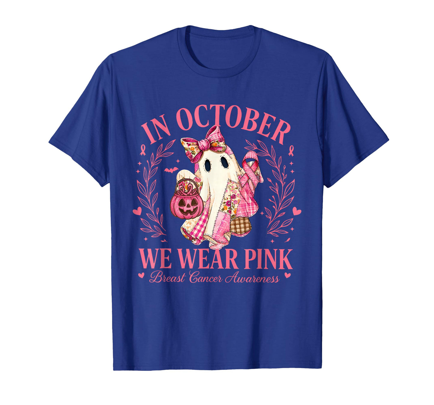 in October We Wear Pink Cute Ghost Halloween Breast Cancer T-Shirt