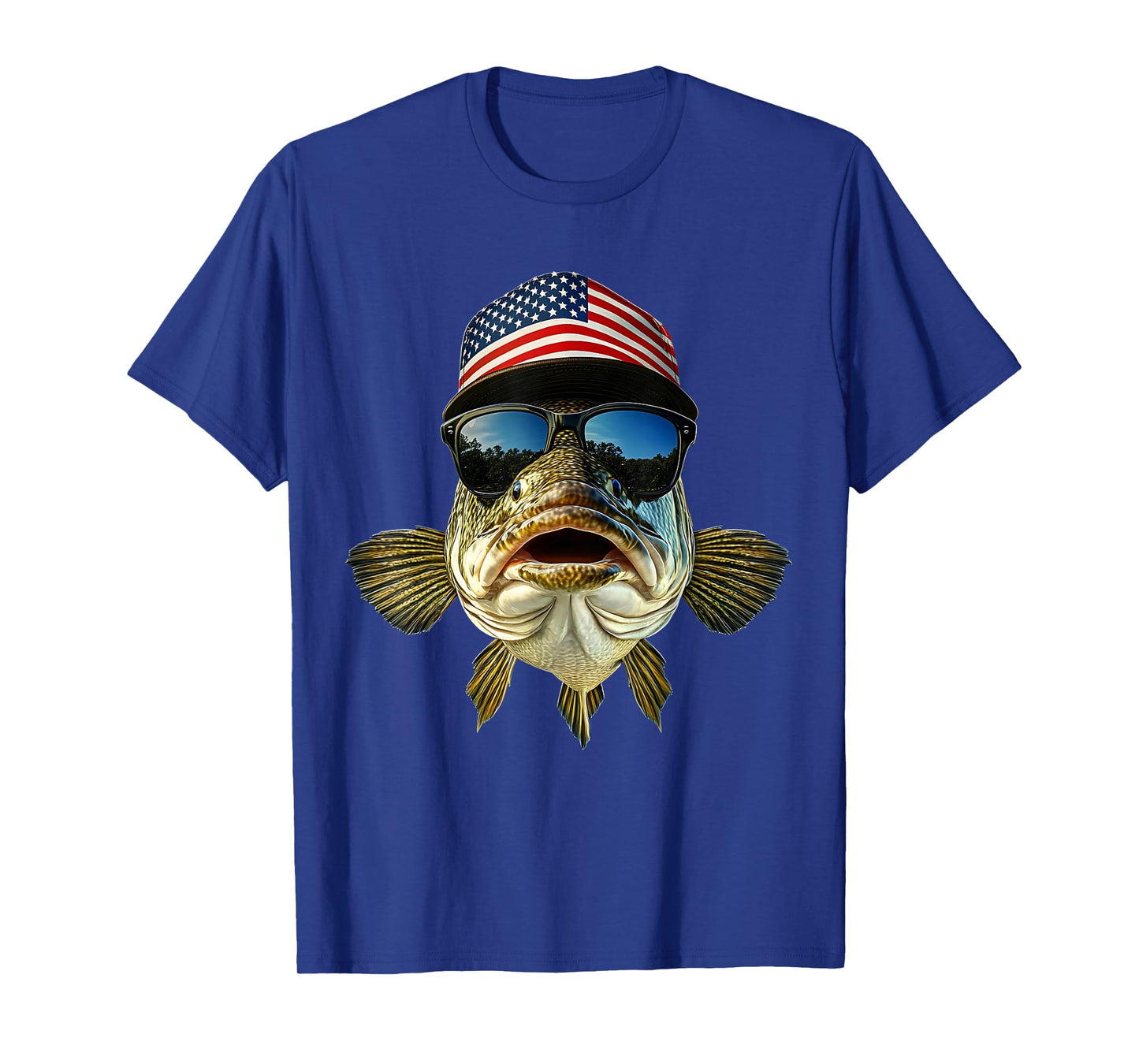 Bass Fishing Tee USA Flag American Hat Sunglasses Fisherman T-Shirt