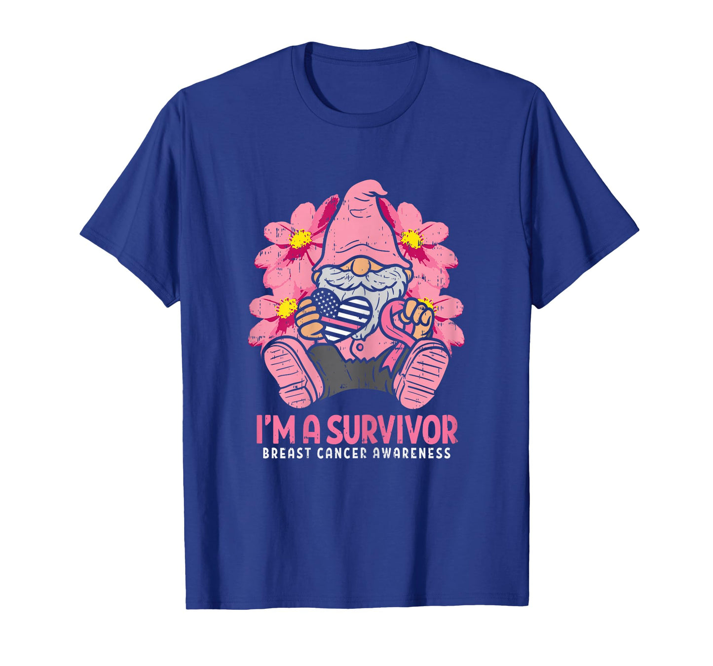 Breast Cancer Survivor Pink Ribbon Gnome US Flag Heart Gift T-Shirt