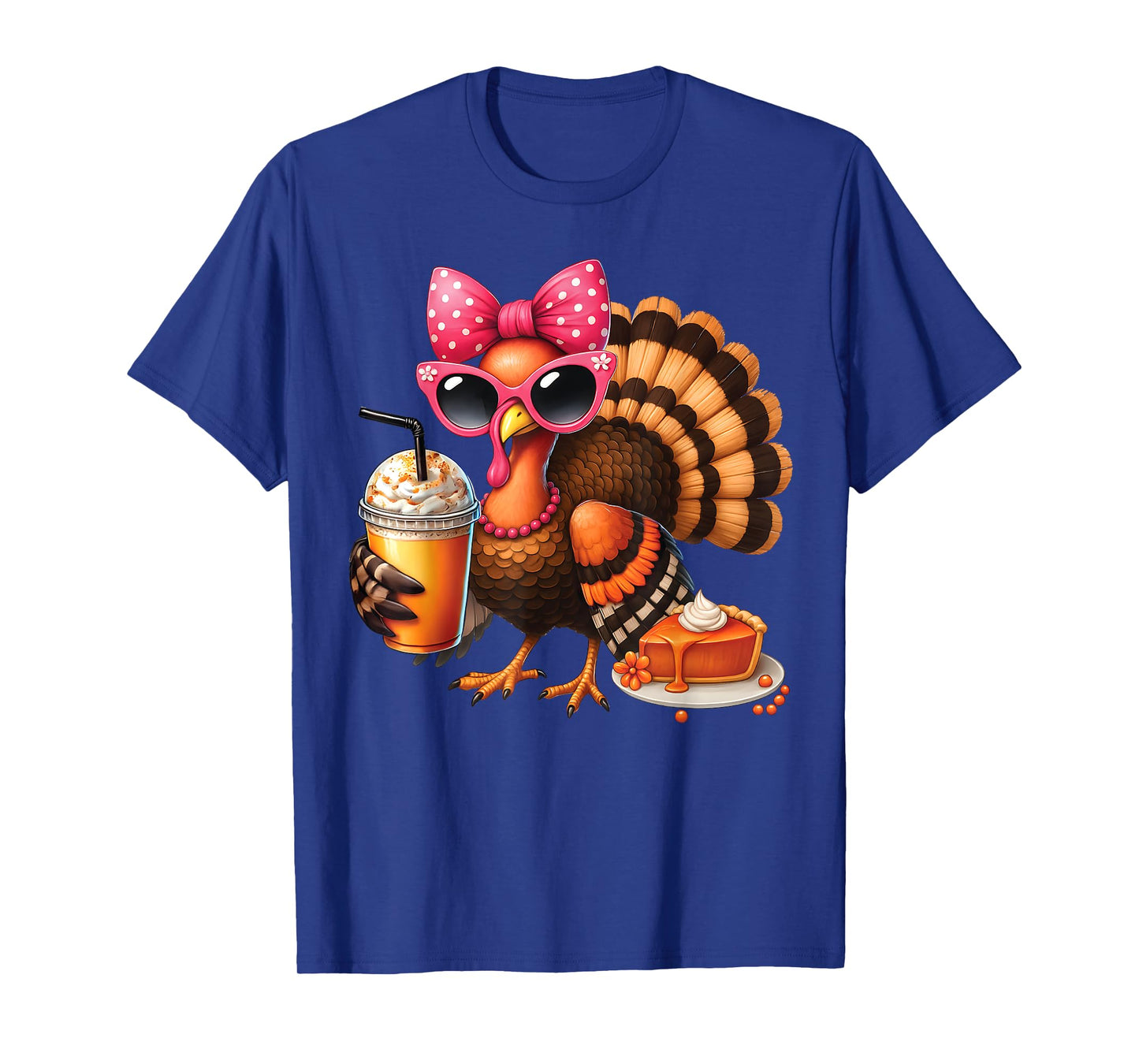 Turkey Drinking Coffee Thanksgiving Bow Womens Turkey Day T-Shirt