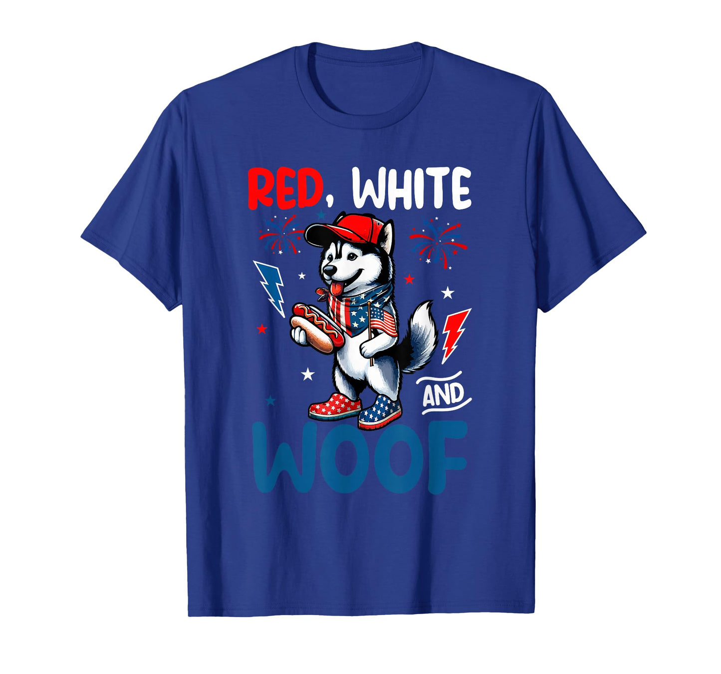 Red White And Woof 4th July US Flag Husky Eating Hotdog T-Shirt