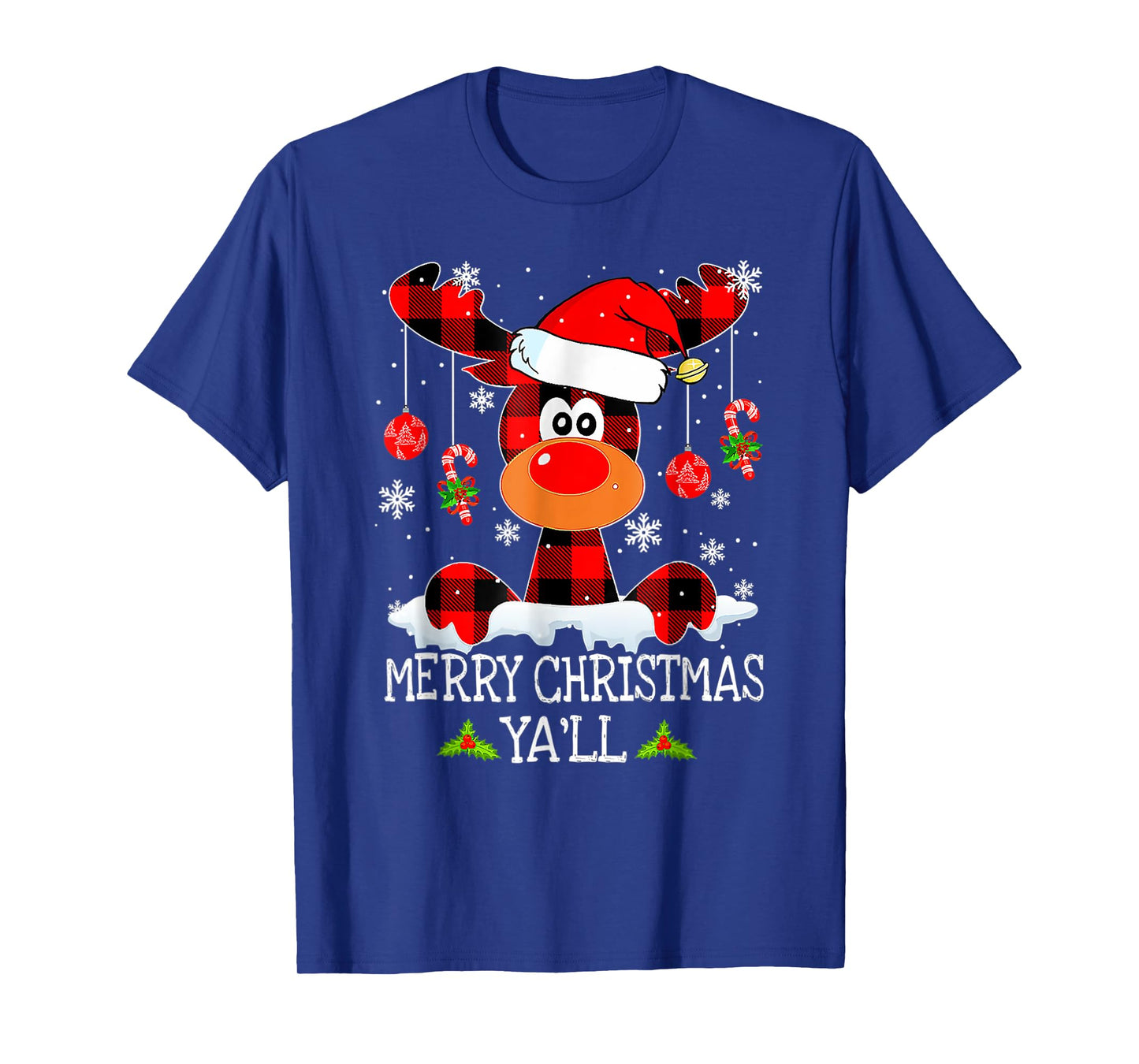 Merry Christmas Ya'll Reindeer Santa Hat Buffalo Red Plaid T-Shirt