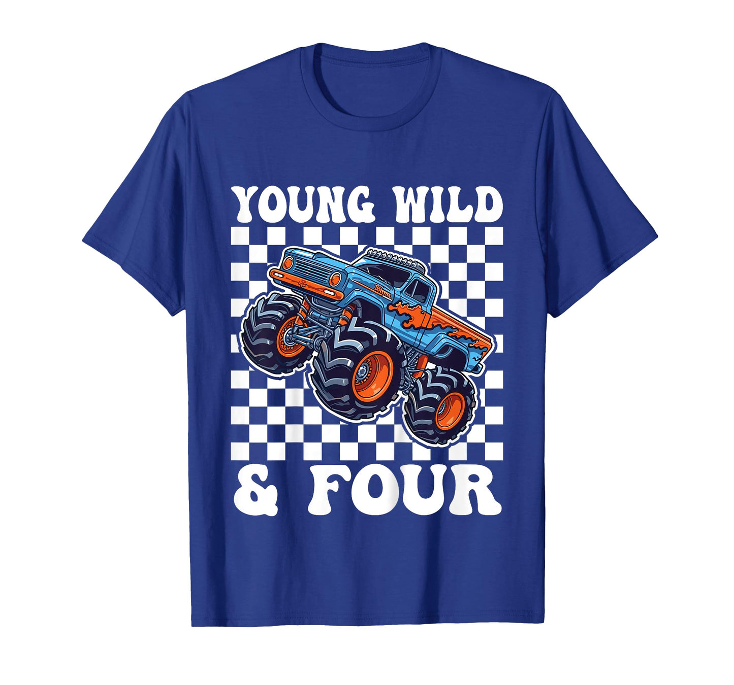 Kids 4th Birthday Monster Truck Young Wild and Four 4 Year T-Shirt