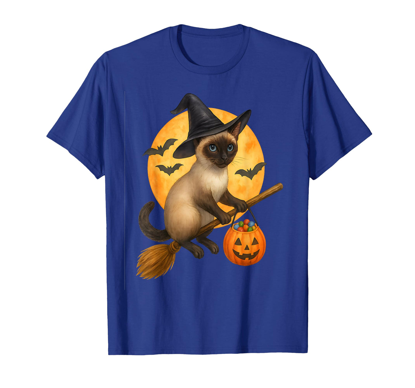 Cute Halloween Siamese cat Witch Flying on Broom with Candy T-Shirt