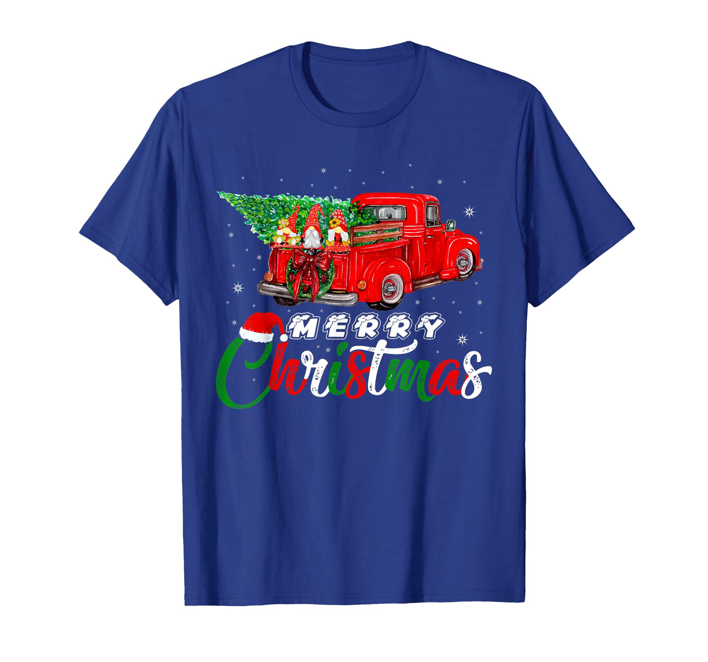 Three Gnomes In Red Truck With Christmas Pine Tree Xmas Day T-Shirt