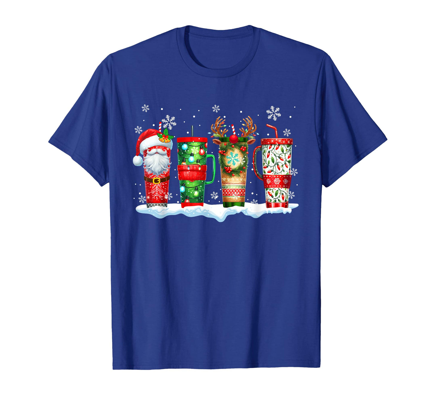 Three Santa Reindeer Elf Tumblers Of Coffee Christmas Lover T-Shirt