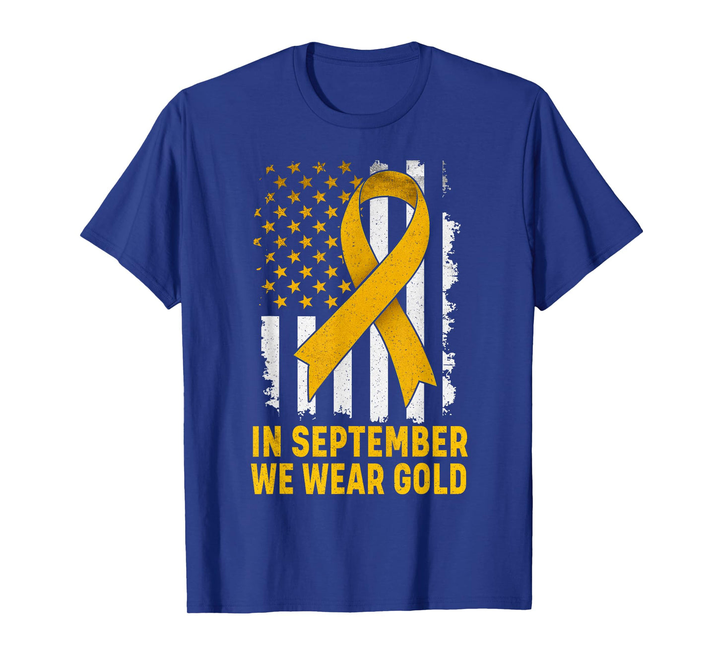 in September We Wear Gold Us Flag Childhood Cancer Awareness T-Shirt