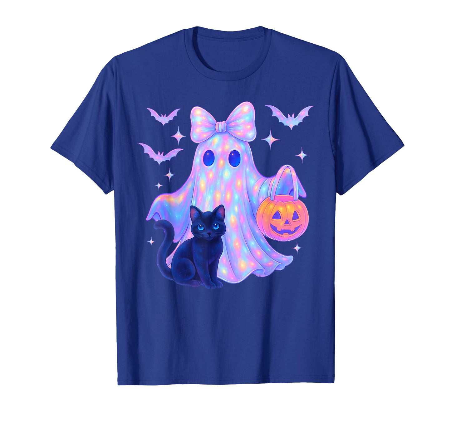Floral Colorful Ghost Black Cat Coquette Bow Halloween Women T-Shirt