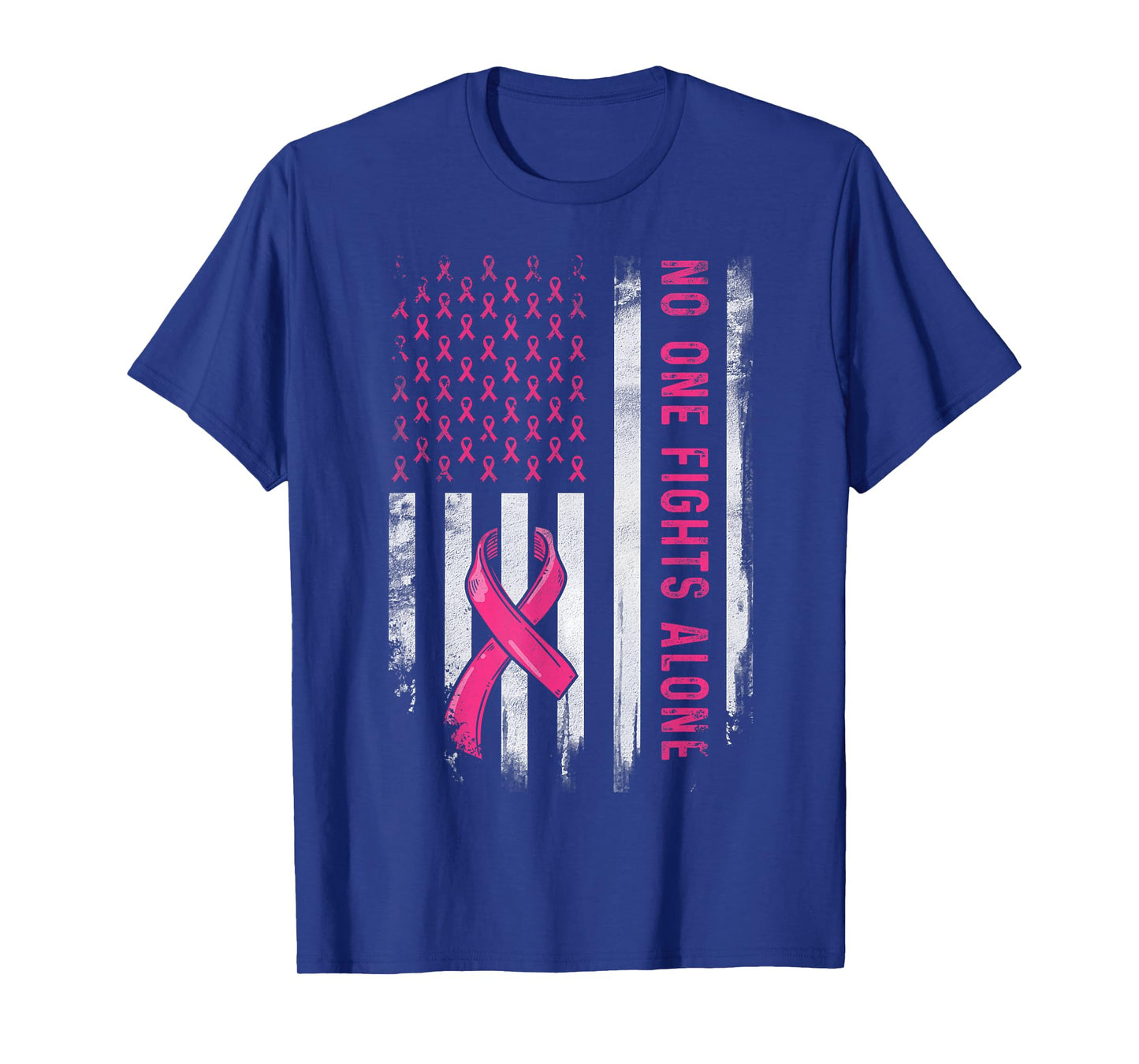No One Fights Breast Cancer Alone American Flag Pink Ribbon T-Shirt