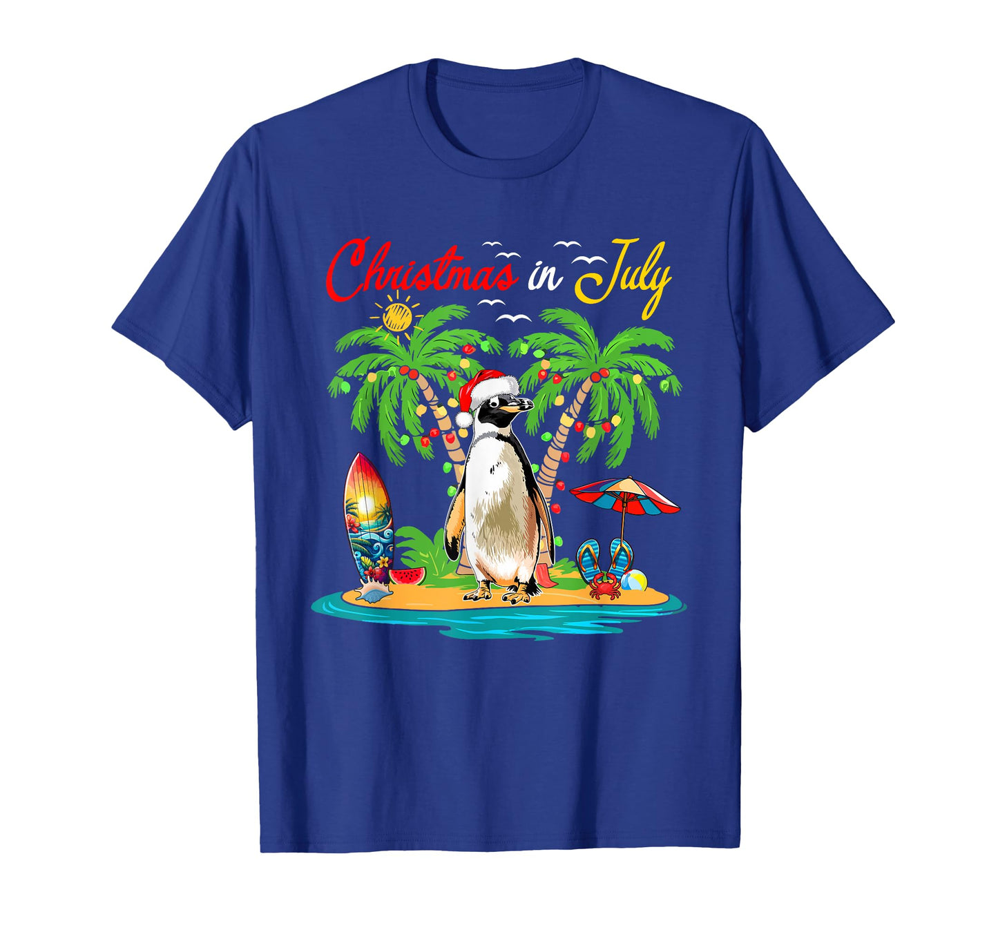Christmas In July Hawaiian Santa Penguin Costume Beach Lover T-Shirt