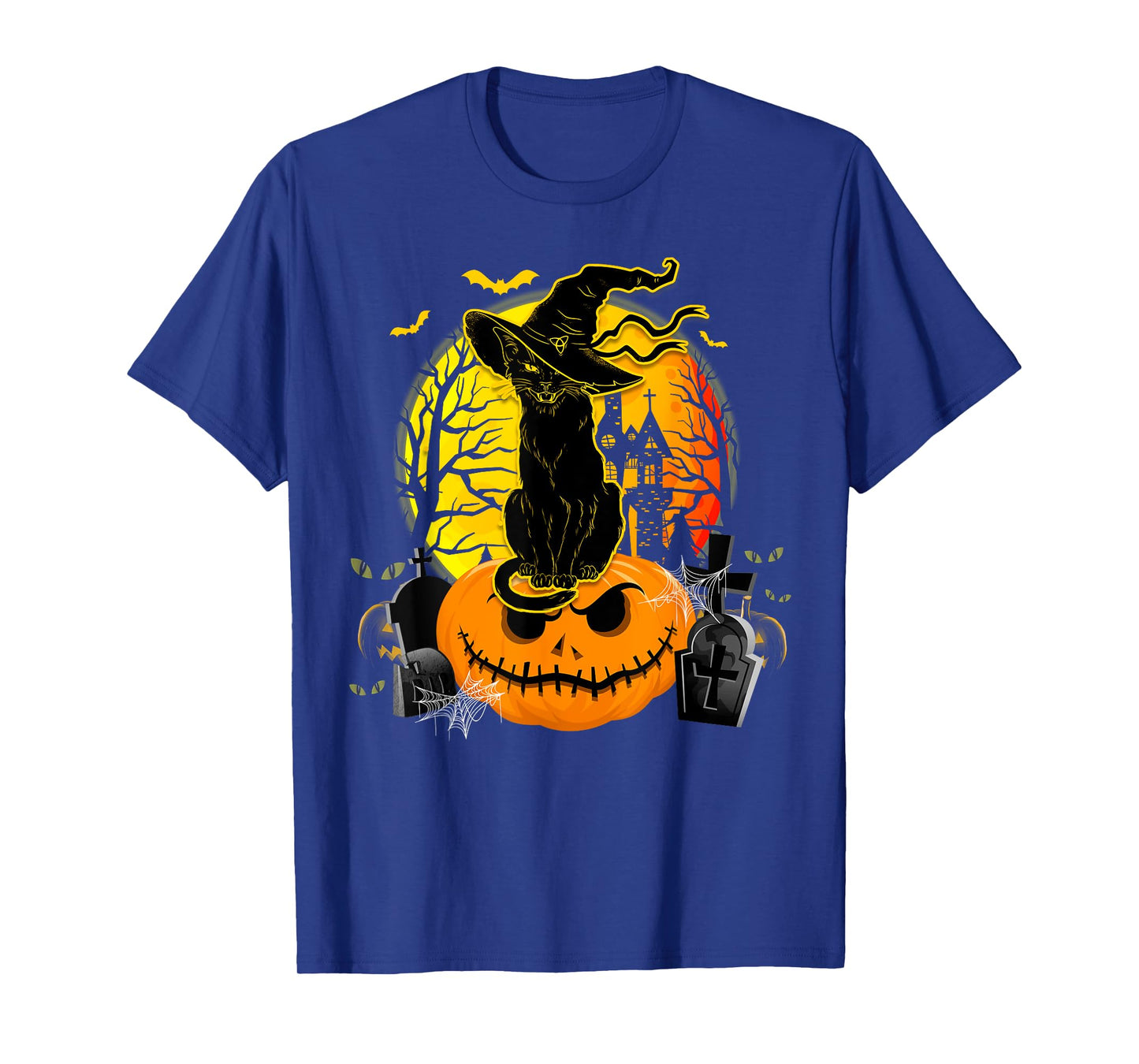 Retro Black Cat Witch Scary Halloween Pumpkin Women Men Kids T-Shirt