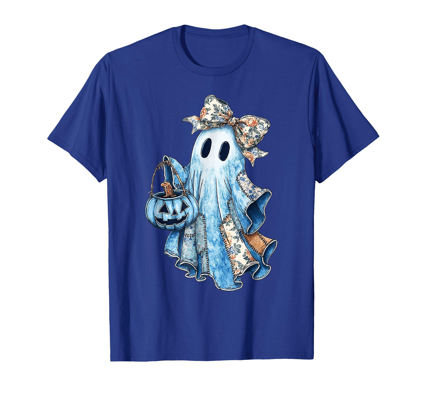 Vintage Patchwork Ghost with Floral Bow Women Girl Halloween T-Shirt