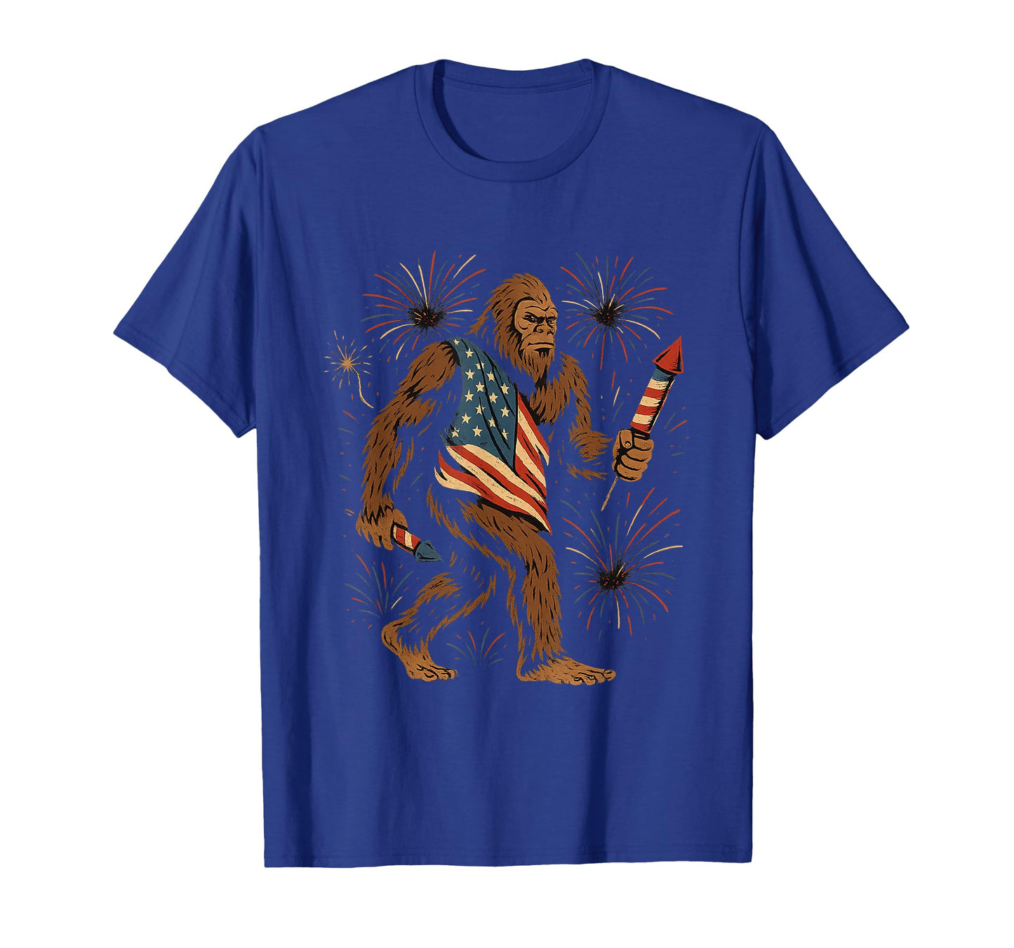 Bigfoot Fireworks 4th of July Men Sasquatch American US Flag T-Shirt