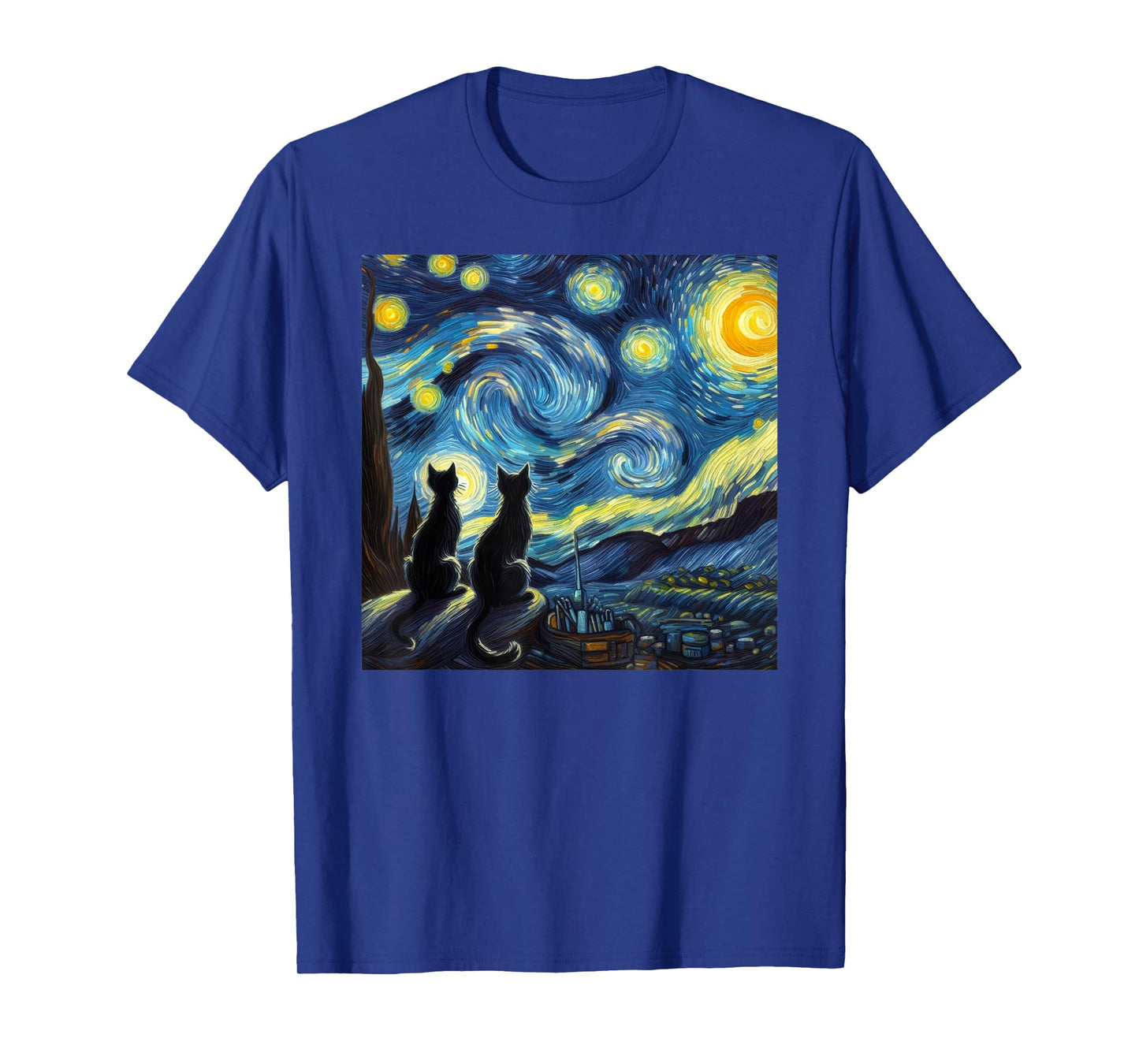 Black Cats Lover Starry Night Van Gogh T-Shirt
