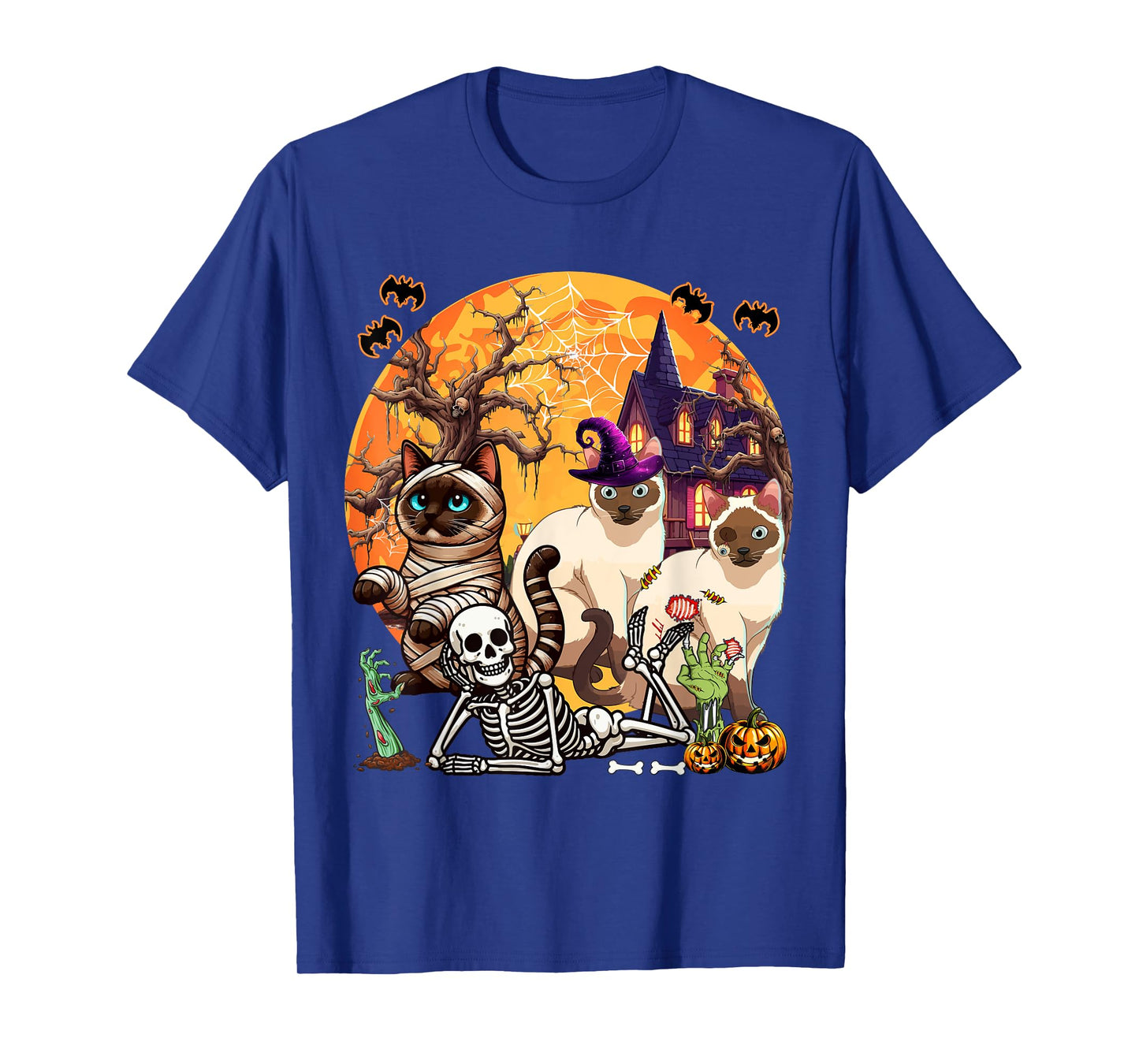 Three Horror Siamese Cats Cosplay Witch Halloween Skeleton T-Shirt