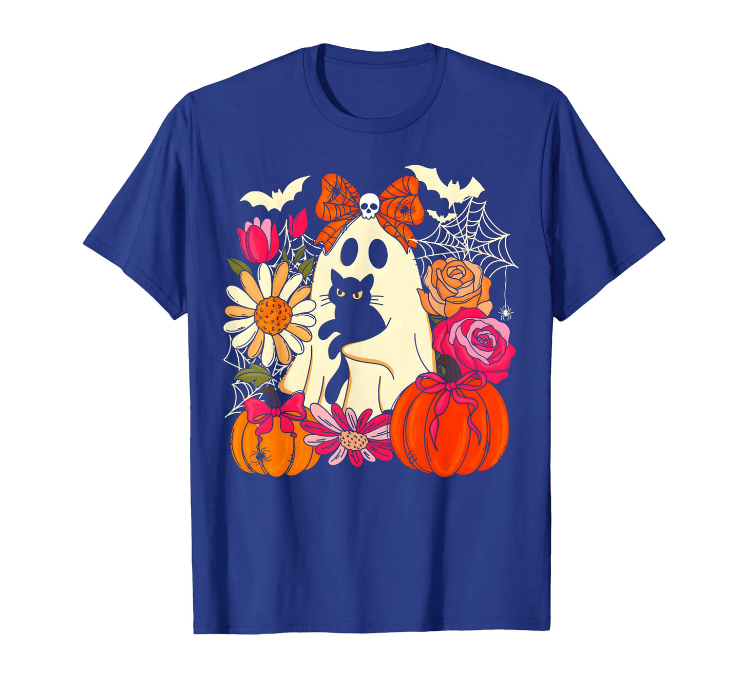 Spooky Ghost Holding Black Cat Groovy Floral Halloween Goth T-Shirt